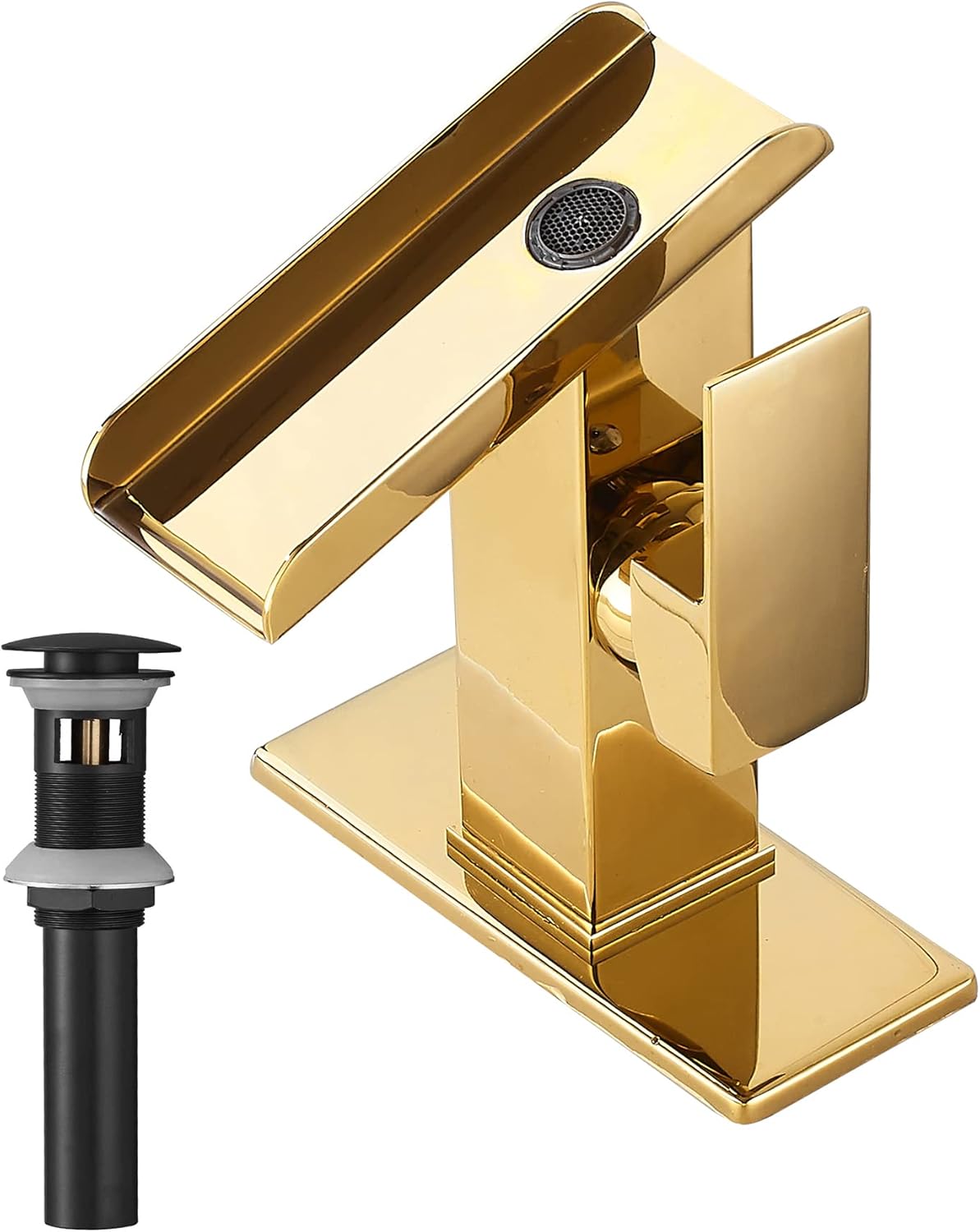 Bathroom Sink Faucet Gold Single Handle 1 or 3 Hole 4 Inch Waterfall Matching Black Pop Up Drain Stopper with Overflow