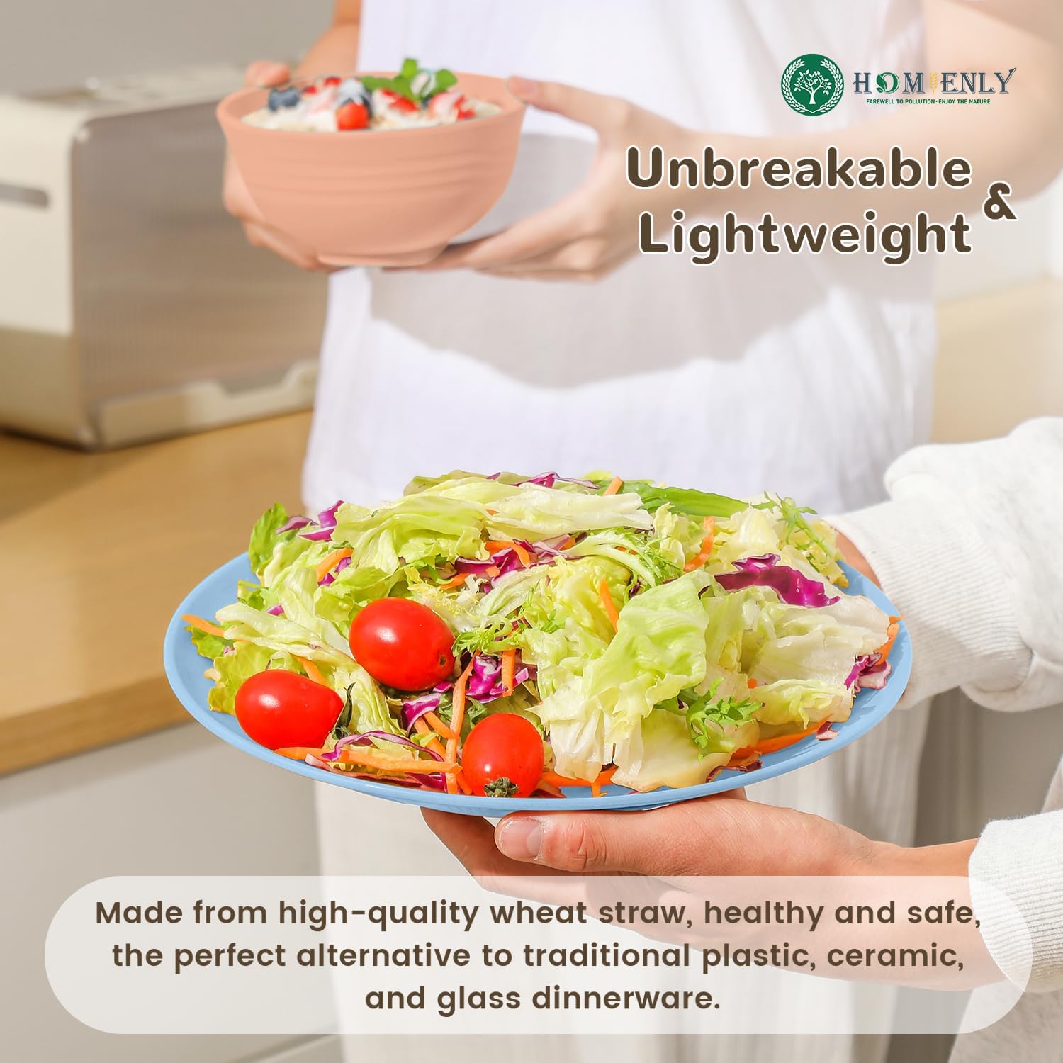 Homienly Premium Dinnerwave Sets, Lightweight & Unbreakable Wheat Straw Dish Set - Plates and Bowls Set with Cups, 16 PCS Microwave and Dishwasher Safe Dinnerware Set - Multi Light