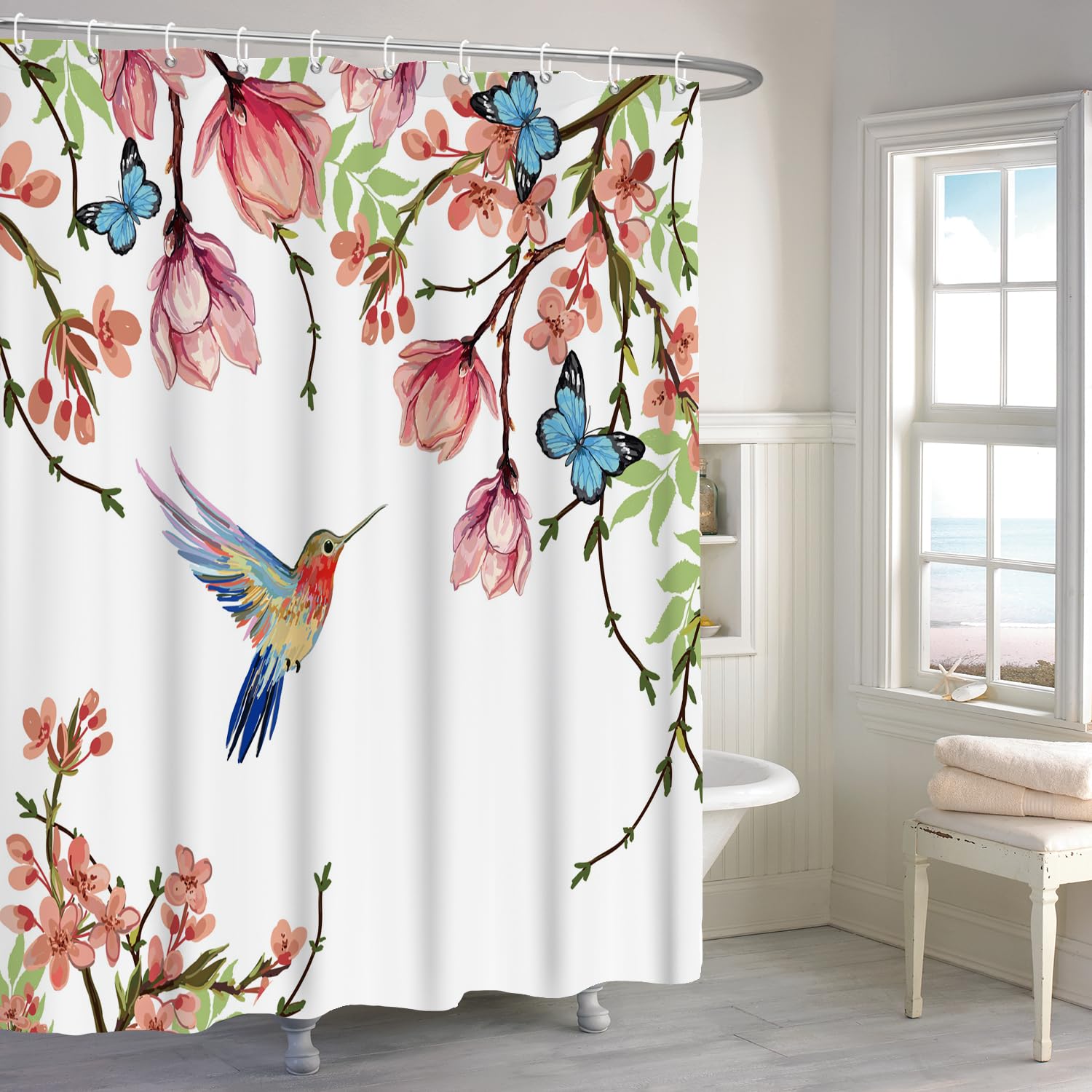 Rideau De Douche Imprimé GARDEN - Polyester Déperlant 180x200 Cm, 12 Anneaux Inclus - Blanc, Lavable Machine - 2