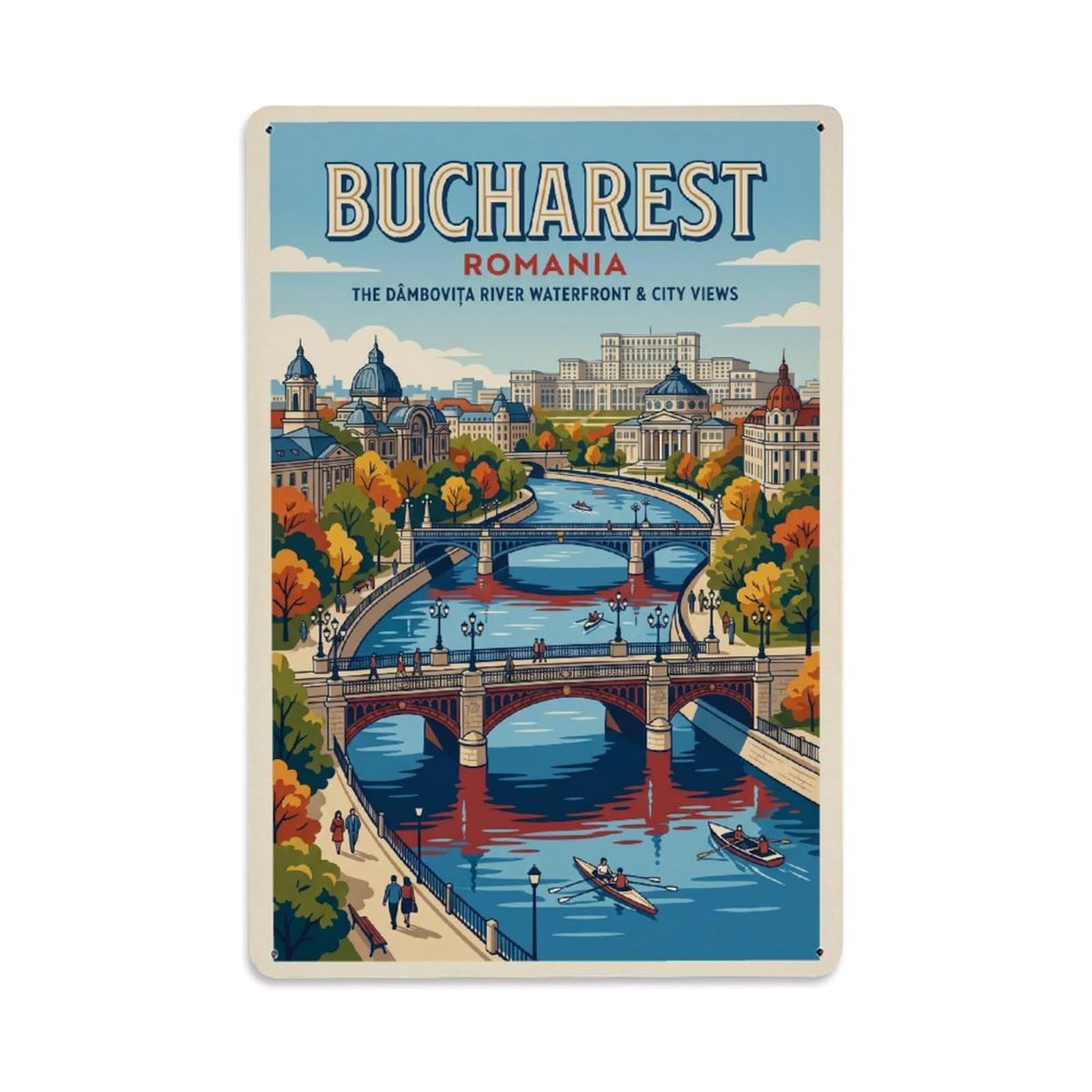 Vintage Travel Bucharest Dambovita River Clean Romania Metal Tin Sign Plaque Wall Decor for Cafe, Club Bar, Office, Home Garden Metal Poster 8x12Inch