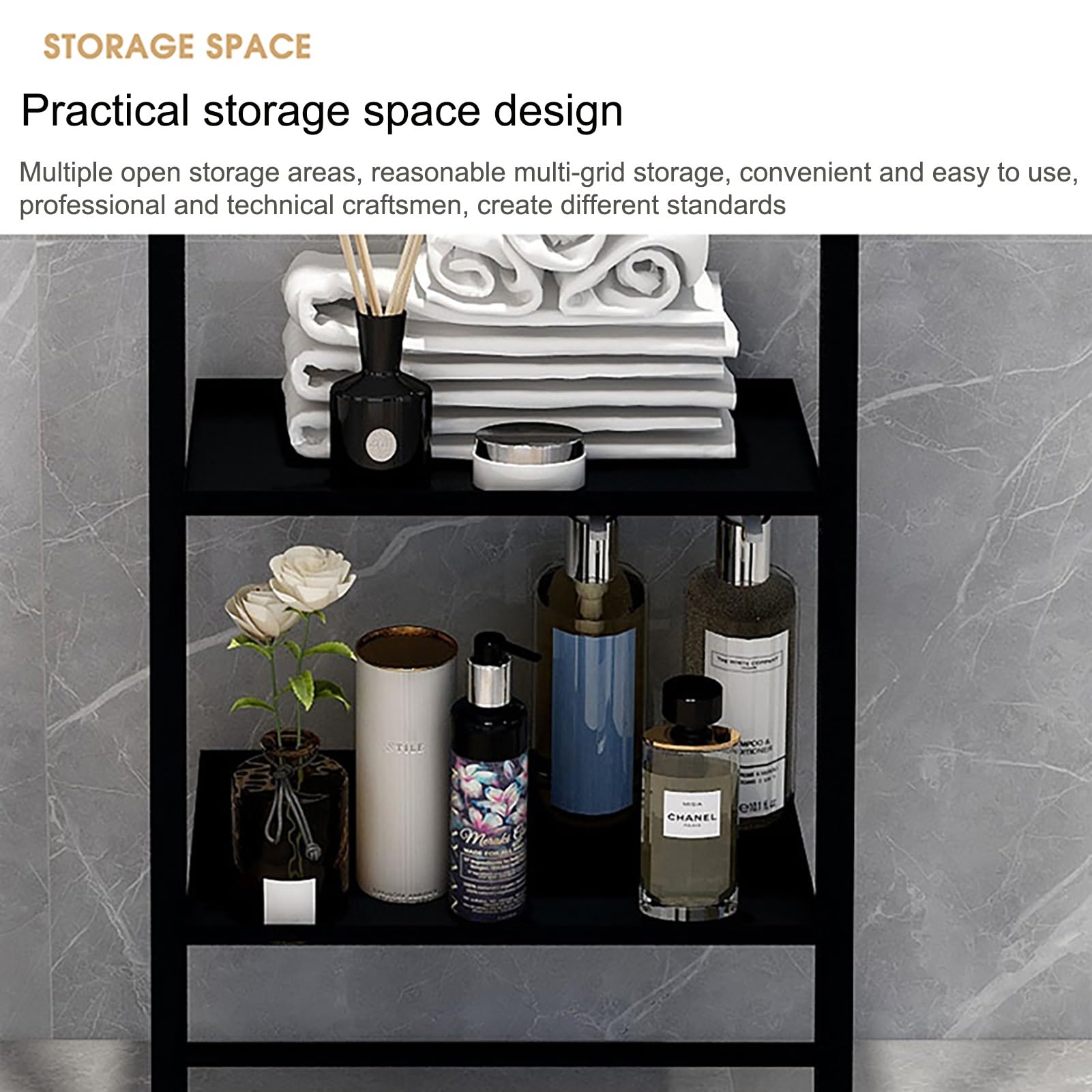 Scaffale portaoggetti in metallo a 3 ripiani, organizer mobile per bagno, cucina e soggiorno, espositore compatto per piccoli spazi (nero, 40 cm)