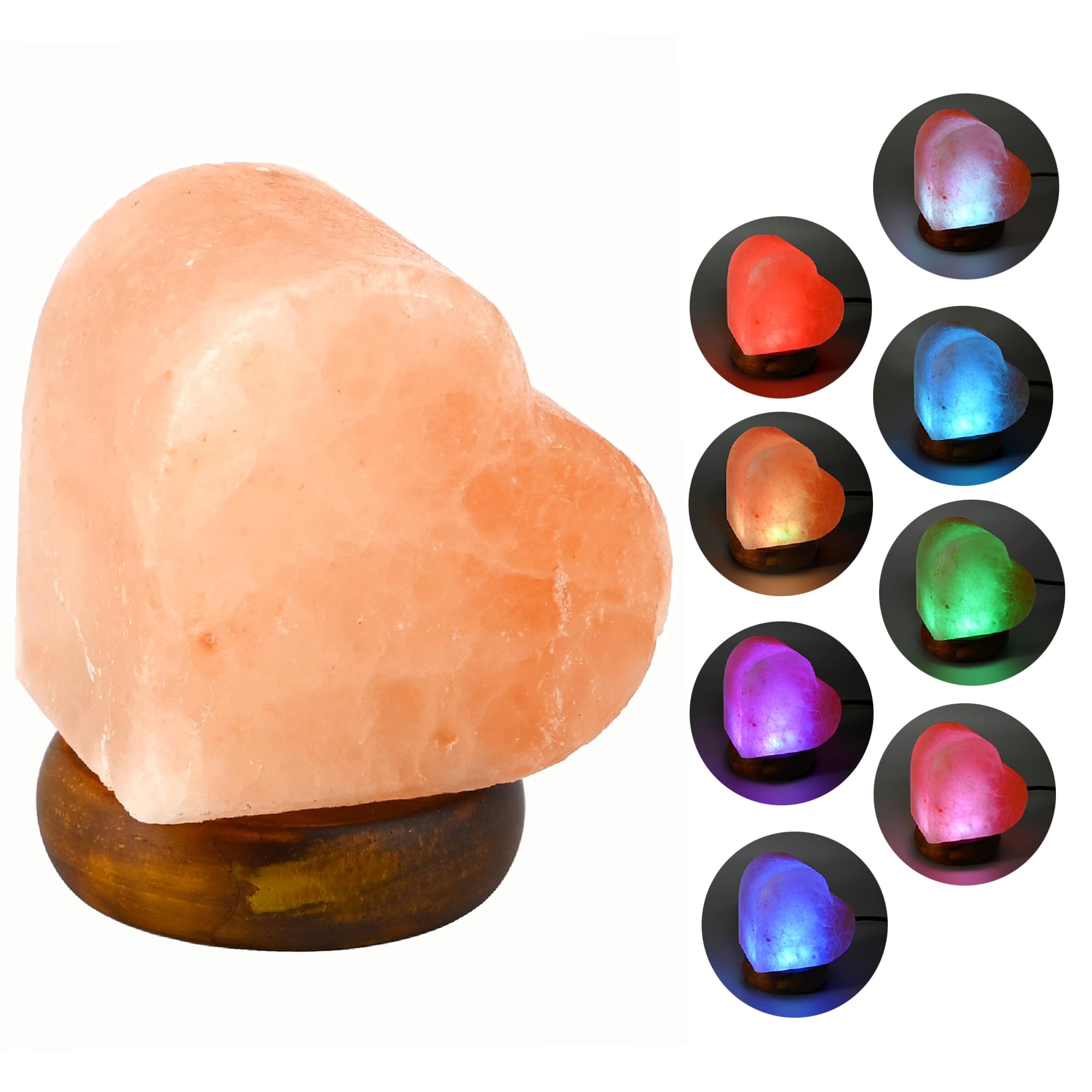 FANHAO Lámpara de sal del Himalaya de 8 colores, lámpara de sal de sal de cristal natural 100% auténtica, lámpara de sal de corazón tallada a mano, lámpara de sal pequeña USB para decoración del hogar