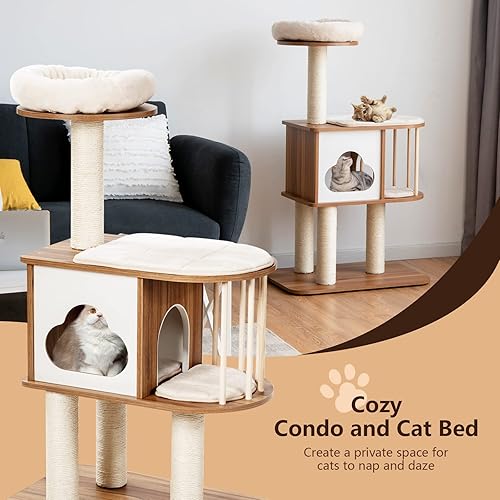 Miniatura 7 de PETSITE Árbol de madera para gatos de 46 pulgadas para gatos de interior, moderna torre para gatos con postes rascadores, condominio para gatos y
