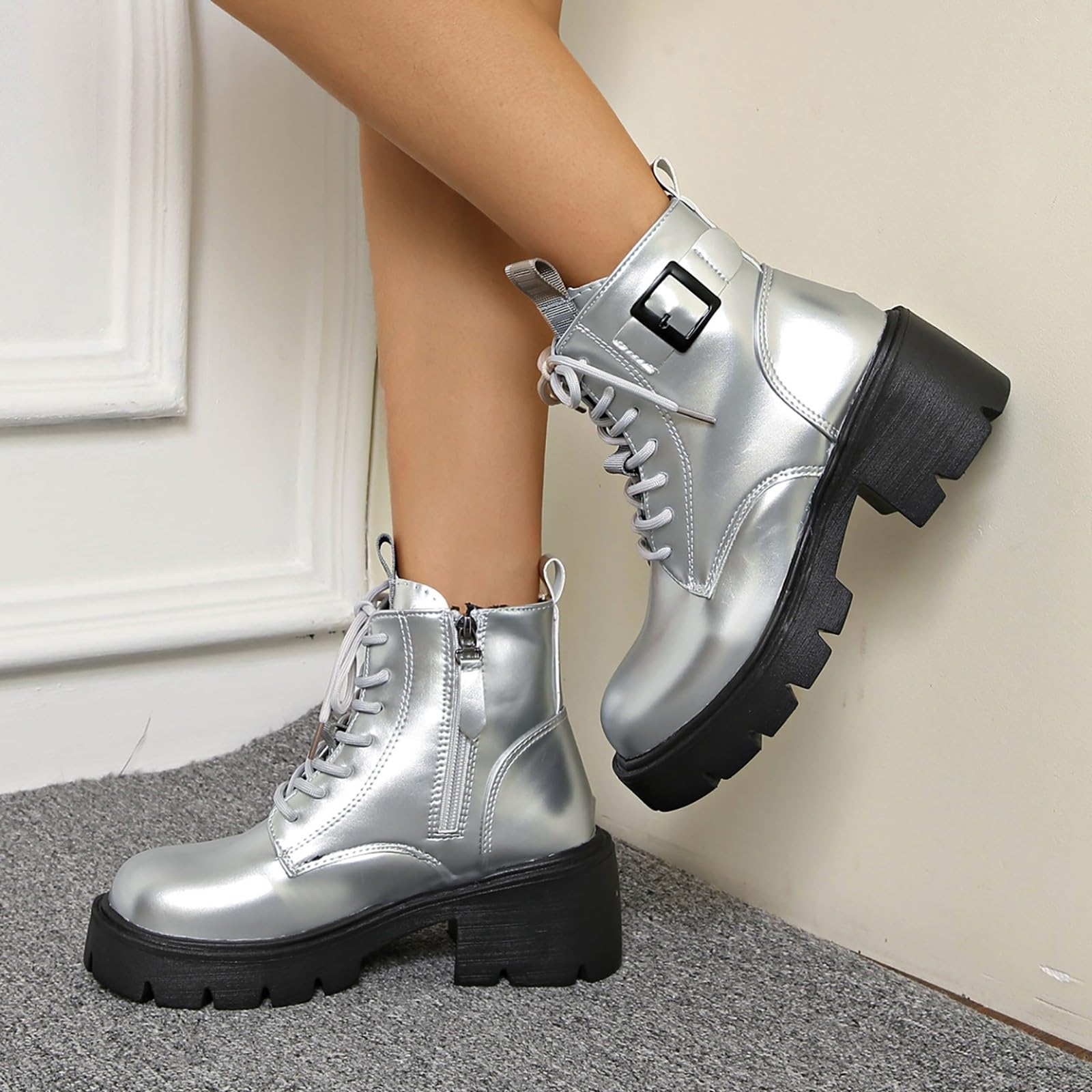 Genérico Botines Mujer Vestir con Cordones Plataforma Botas Punta Redonda Elegantes Zapatos Suaves Cómodas Caminar Bota Casuales Antideslizantes Botin para Otoño Invierno Trabajo Paseo y Uso Diario
