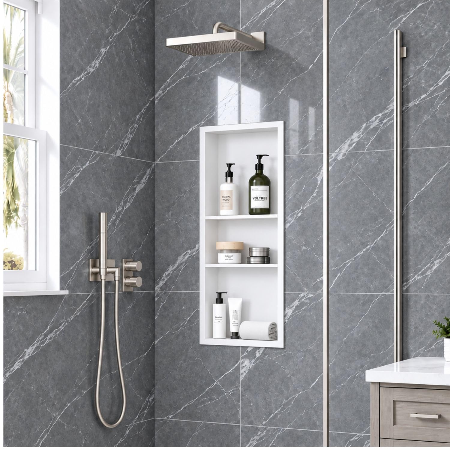 40 x 16 Inch Stainless Steel Shower Niche, No Tile Needed Wall Niche with 3- Tier Shelves, Recessed Wall Niche Insert for Bathroom Shower Kitchen Storage, Matte White