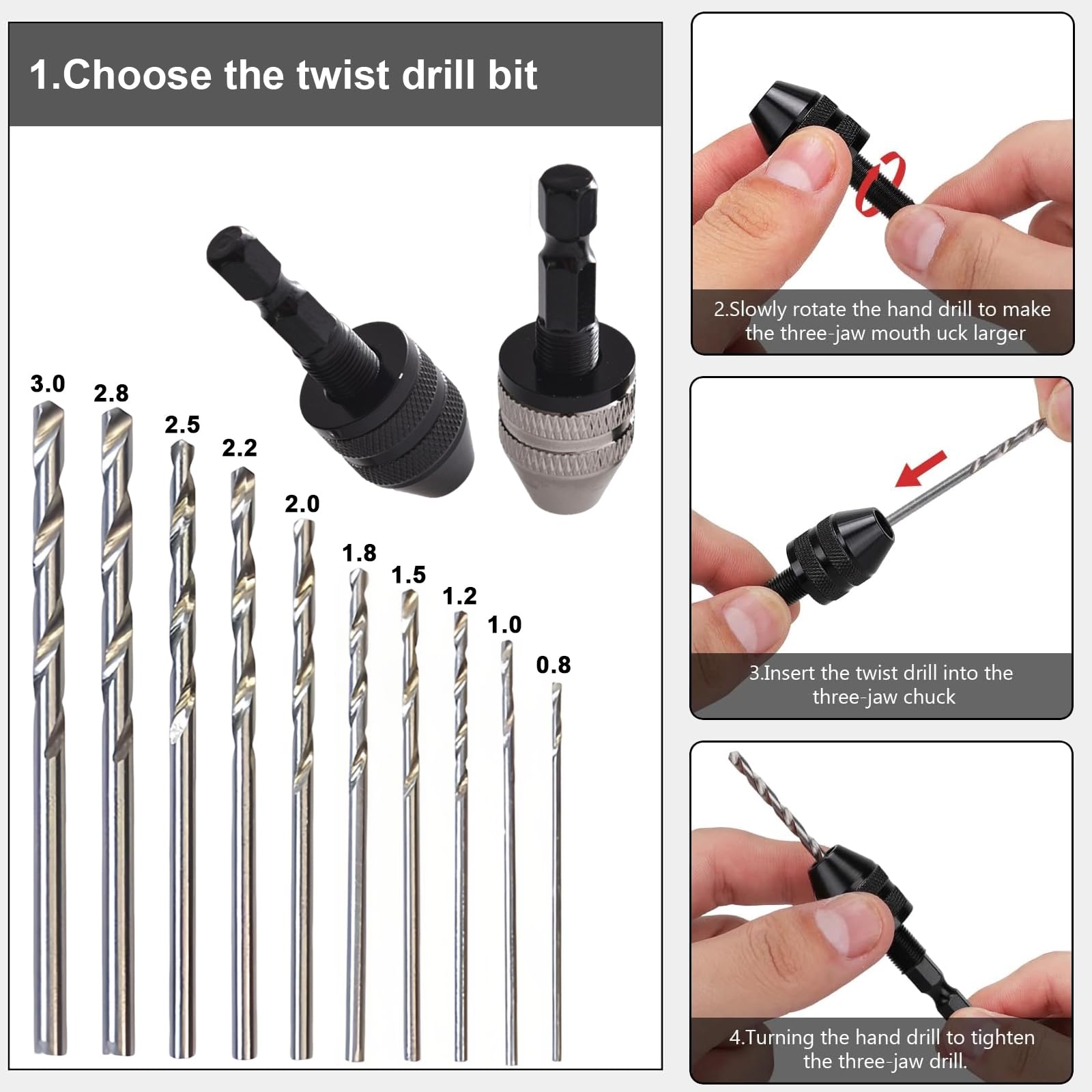 2 pieces drill chuck aluminium alloy with 10 pieces twist drill bits (0.8-3.0 mm) drill chuck adapter stainless steel drill keyless drill chuck for wood plastic jewellery model making DIY holes - Image 3