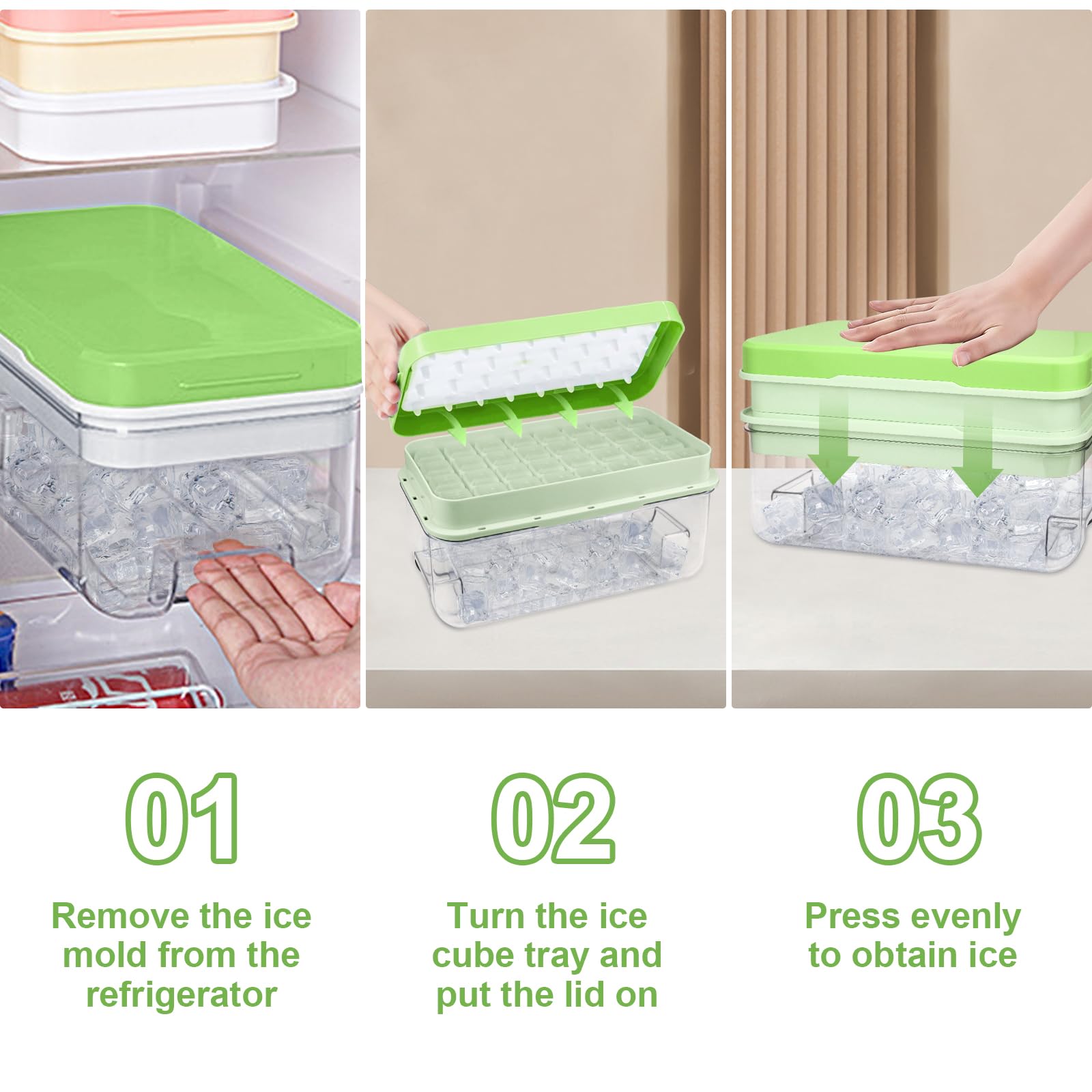 Eiswürfelbehälter mit Deckel und Behälter Set, Leicht zu Lösen und Aufbewahrung Eis, 64 Stück Eiswürfel für Gekühlte Getränke/Obst/Babynahrung, 2 Silikon Eiswürfelform+1 Eiskübel+1 Schaufel, Grün