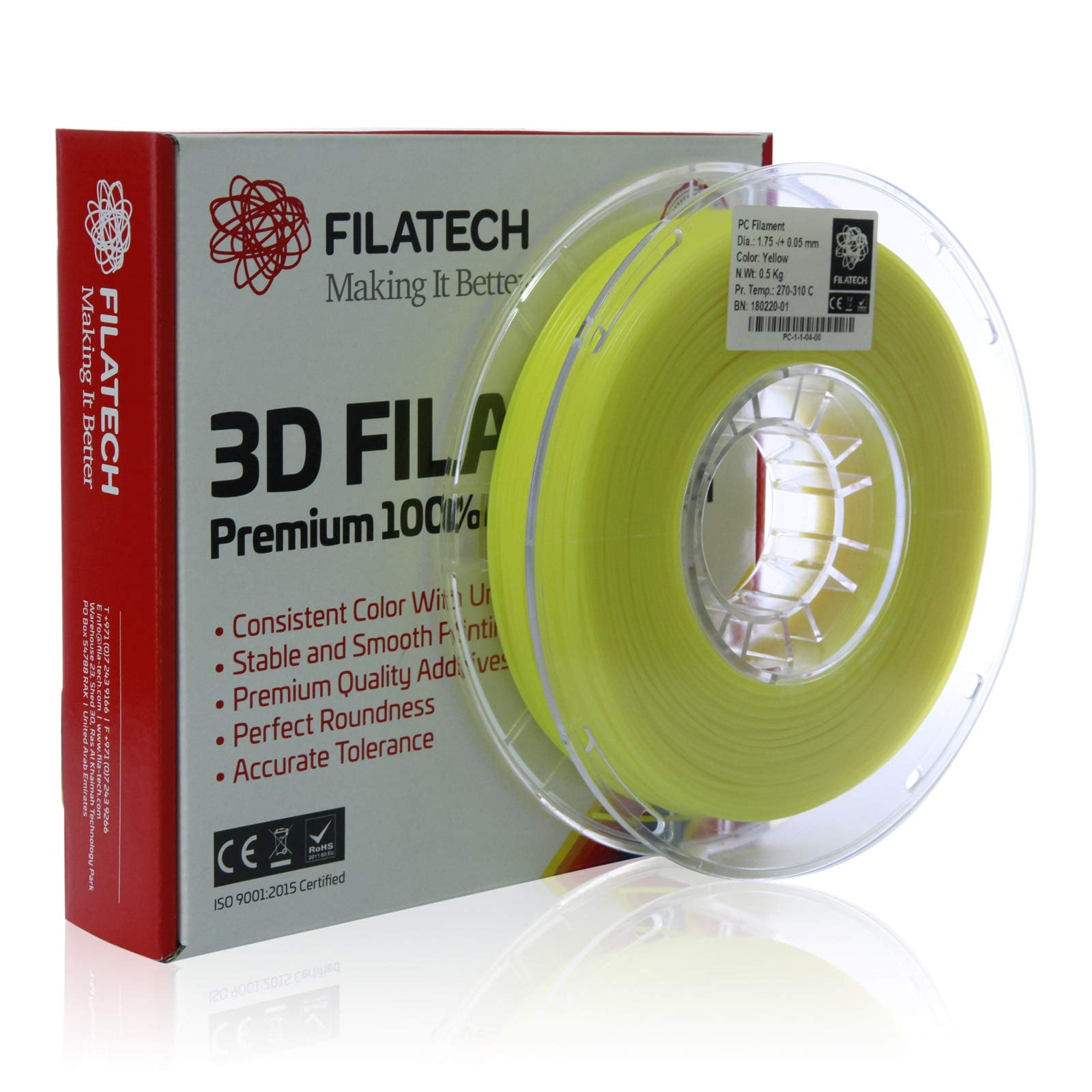 Filatech 3D Printer Filament, High Strength Polycarbonate PC, 1.75 -/+0.03mm, 0.5Kg, Yellow - Made in UAE