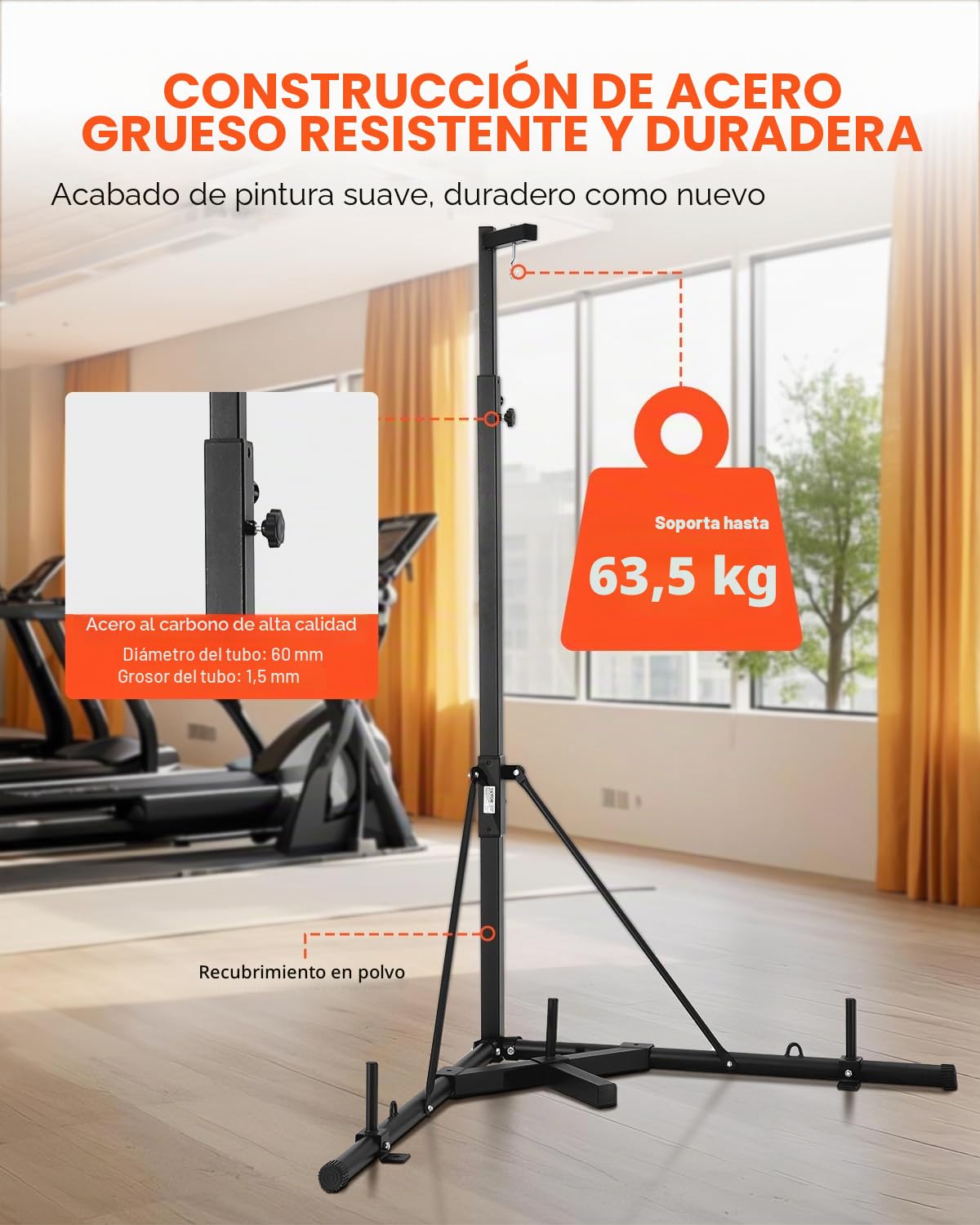 VEVOR Soporte para Saco de Boxeo con Marco de Acero Soporta hasta 65 kg Soporte a Saco de Arena Independiente con Base con Peso Equipo de Entrenamiento para Gimnasio en Casa, 118 x 118 x 232 cm