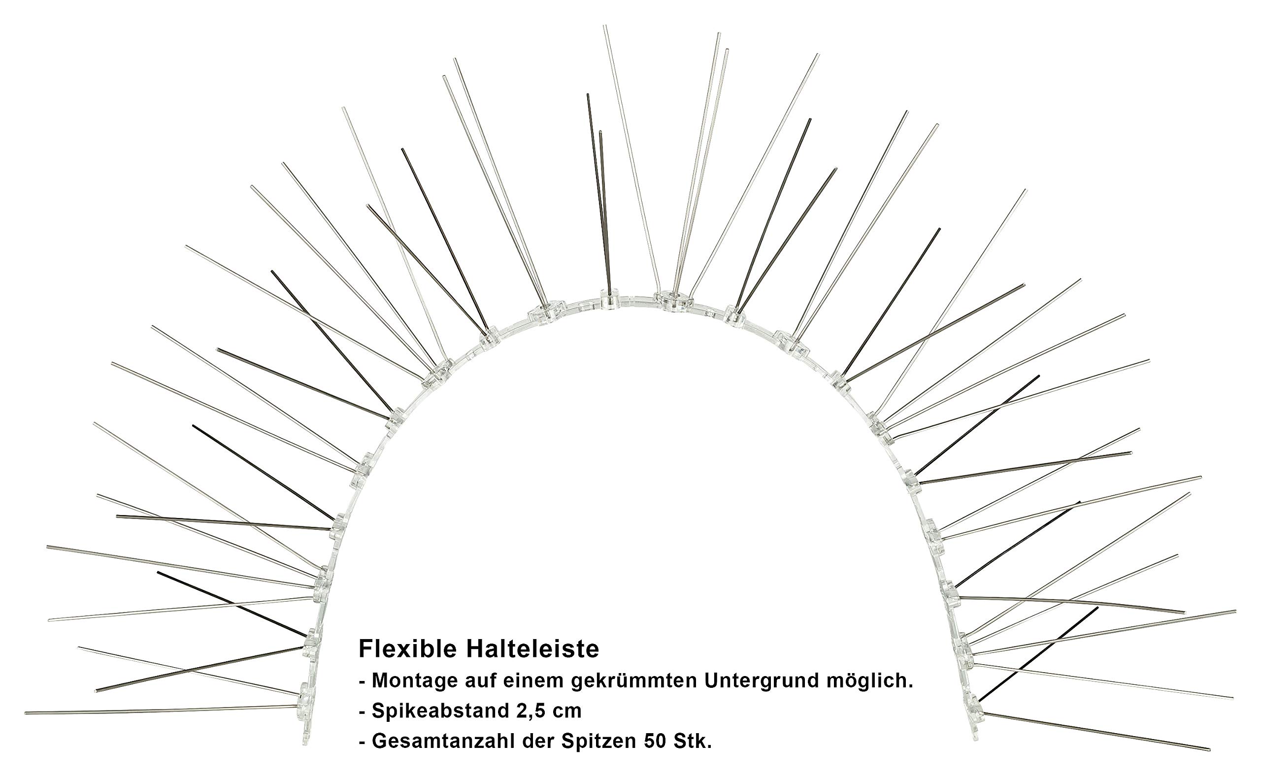 Taubenabwehr Spikes 5-reihig, 10 Meter (20 x 50 cm) | 5-reihiger Vogelschutz, Edelstahl mit Kunststoffleiste, Für Balkon, Dach, Fensterbank, Wetterfest, Flexibel langlebig