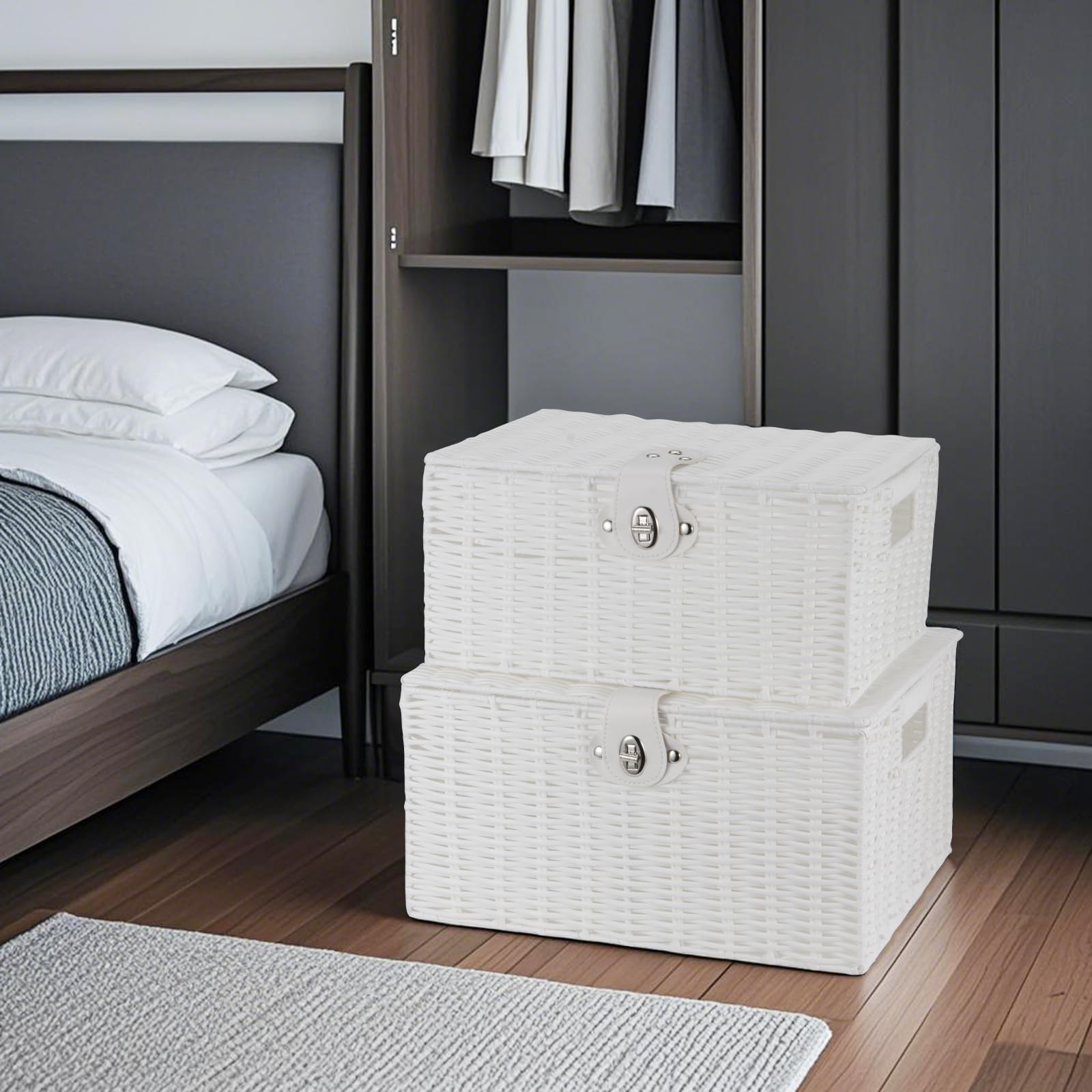 Set di 3 cestini bianchi intrecciati con coperchio e lucchetto, cesto portabiancheria intrecciato con coperchio, in resina, bianco, per regalo, vestiti, piccolo/medio/grande