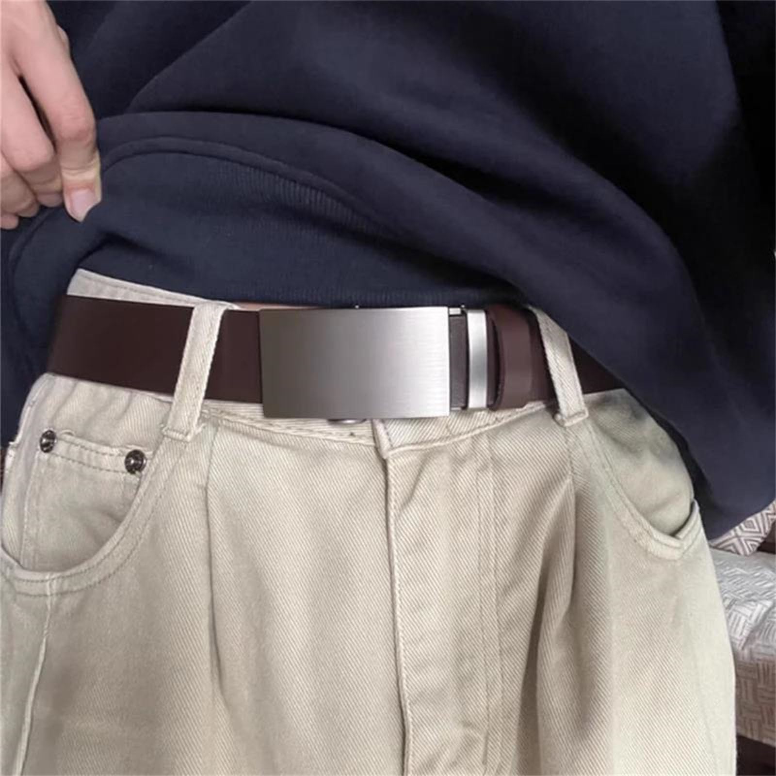 Cinturón de trinquete de cuero genuino para hombre, hebilla automática, cintura ajustable