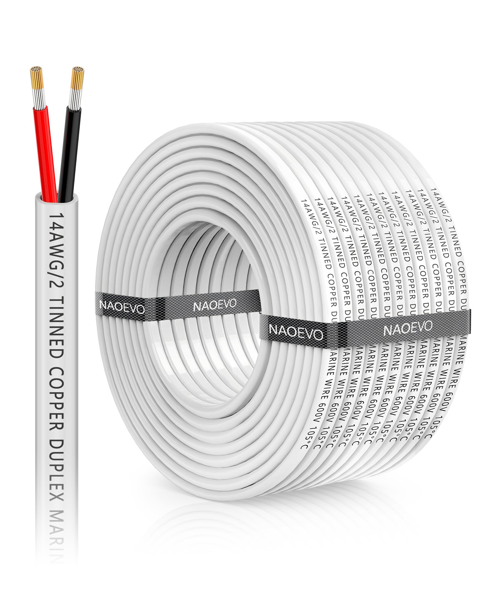 NAOEVO 14 Gauge Marine Wire Duplex, 14 AWG Stranded PVC Marine Electrical Wire, Waterproof/Corrosion Resistant/Tinned Copper Electrical Cable for Boat