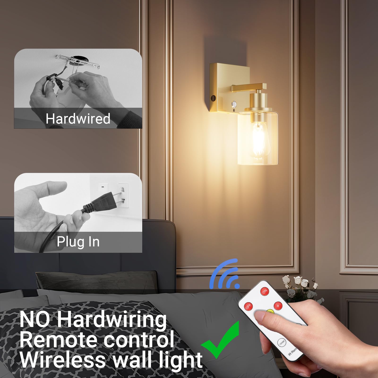 Klighten 6000mAh Kabellos Akku Wandleuchte mit Fernbedienung,2PCS Aufladbare Wandleuchte,Batterie Wandleuchten Innen mit Glasschirm,Wandlampe akku 3000K Warmweiß,für Wohnzimmer Mit Glühbirne,Gold