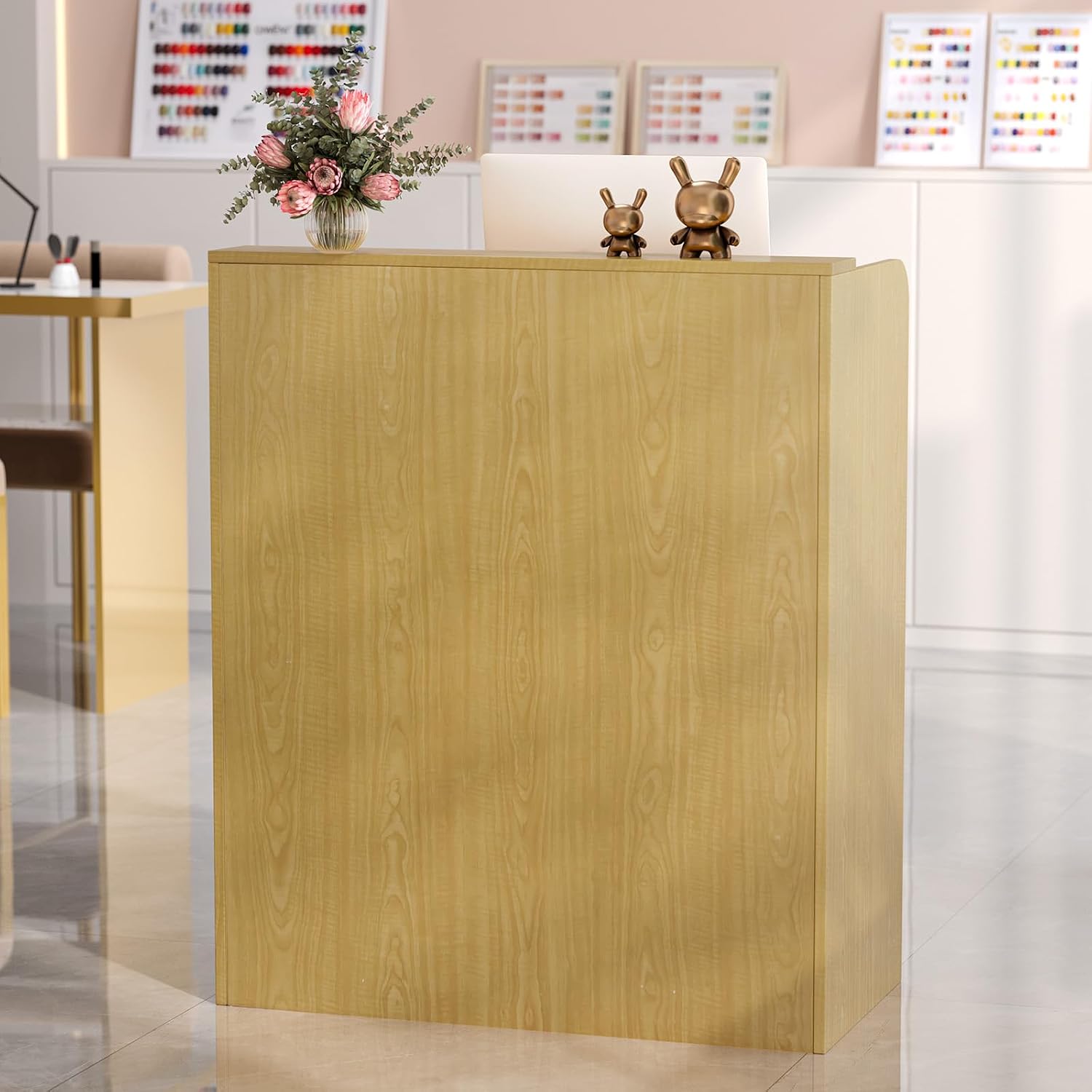 OmySalon Reception Desk with Counter, Small Front Desk w/Lockable Drawer, Wooden Modern Reception Table for Salon Lobby Office Home (Original Wood, 32)