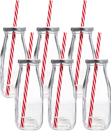 Estilo Glass Milk Bottle with Lid - Milk Glass - Reusable Glass Bottle for Dairy Milk With Straws & Metal Screw On Lids, 10.5 Ounce, Clear, Set of 7