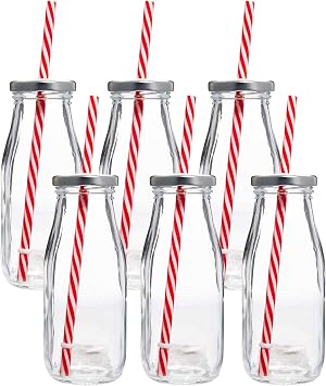 Estilo Glass Milk Bottle with Lid - Milk Glass - Reusable Glass Bottle for Dairy Milk With Straws & Metal Screw On Lids, 10.5 Ounce, Clear, Set of 7