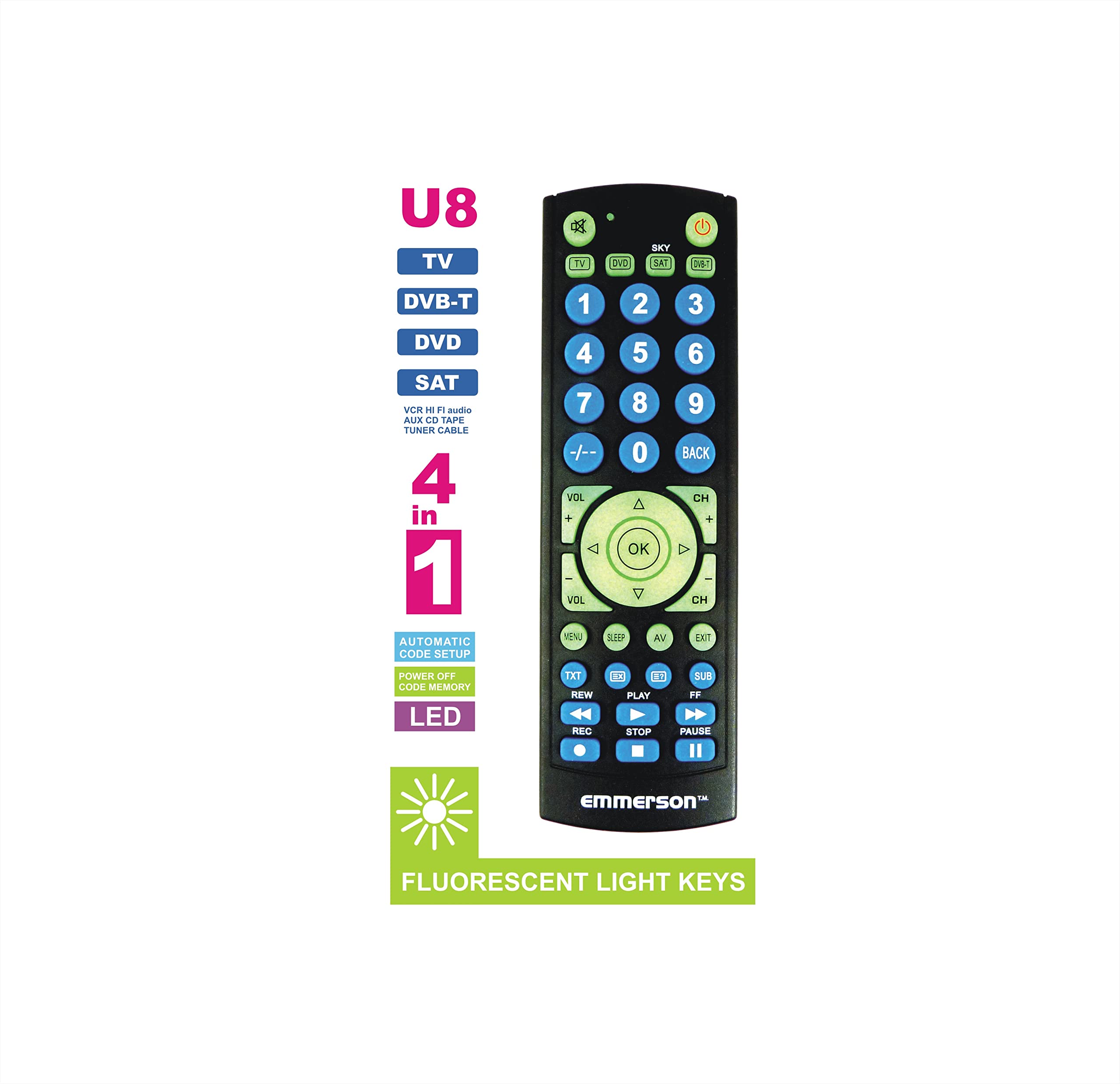 U8 Universal Remote Control 4-in-1 with Fluorescent Lighting