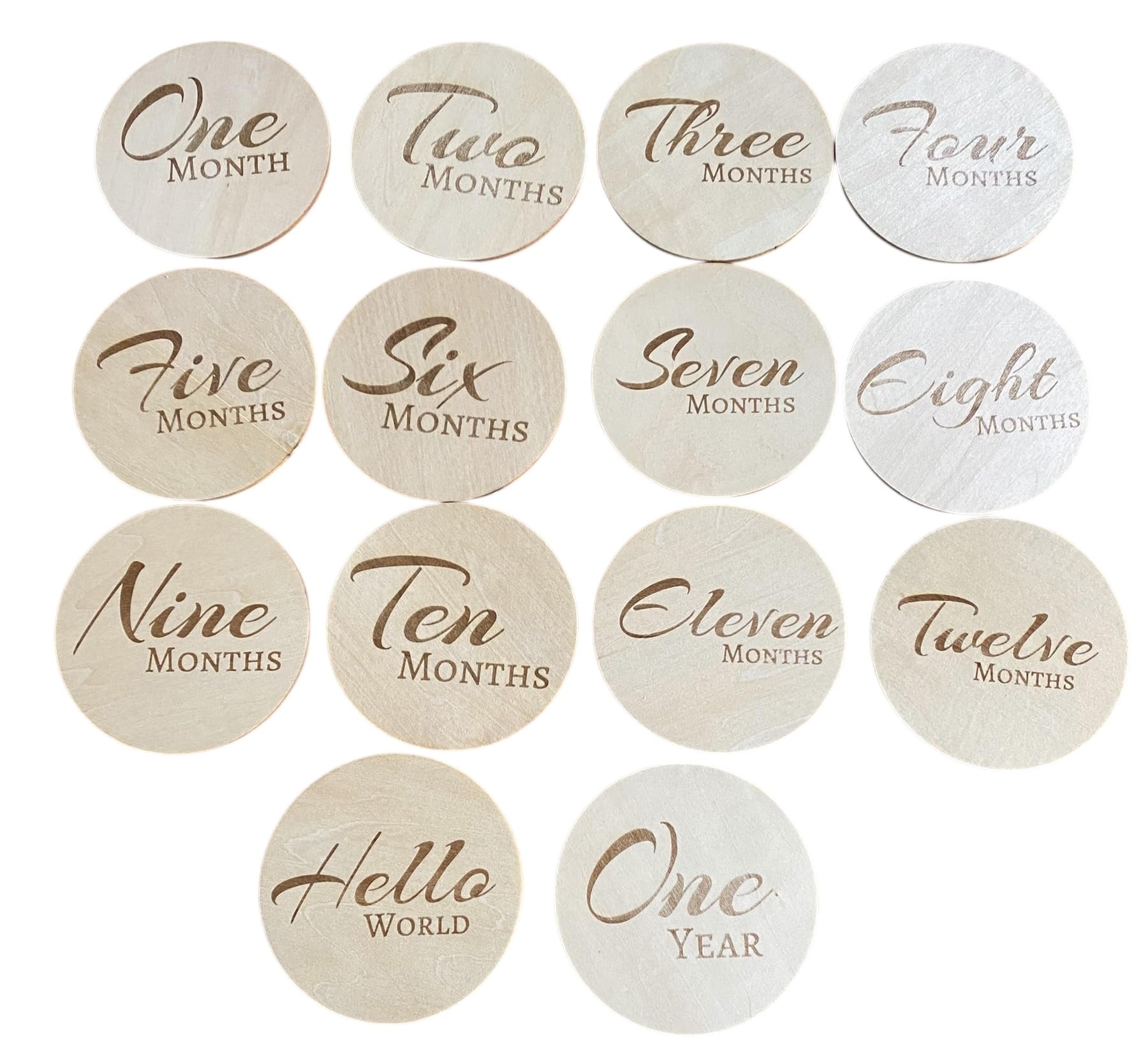 Baby Monthly Milestone Cards, Set of 14 Wooden Discs, One Month to One Year Plus Hello World, Natural