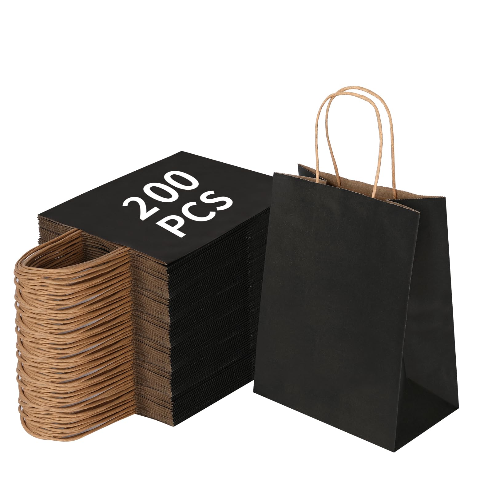 Joybe 200 Pack 8x4.75x10 Inch Medium Black Kraft Paper Bags with Handles Bulk, Craft Paper Gift Bags for Party Favors Grocery Retail Shopping Business Goody Merchandise Take Out Blank Sacks (200pcs)
