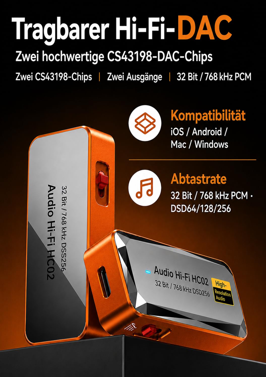 USB-C DAC Kopfhörerverstärker, 3,5 mm und 4,4 mm, HiFi DAC Dongle mit CS43198, 32 Bit/768 kHz, DSD256, tragbarer Audioadapter für Smartphone, Tablet, Laptop und PC, Orange