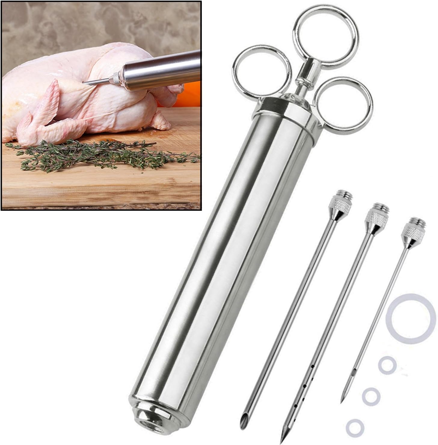 4 oz Stainless Steel Commercial Grade Meat Marinade Flavor Injector Kit 1/2 Cup Capacity Seasoning Injector with 3 Professional Marinade Needles