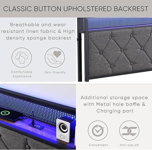 Miniatura 14 de Base de cama LED King con cabecera de almacenamiento, plataforma tapizada con estación de carga y luces LED, listones de metal pesado, no necesita