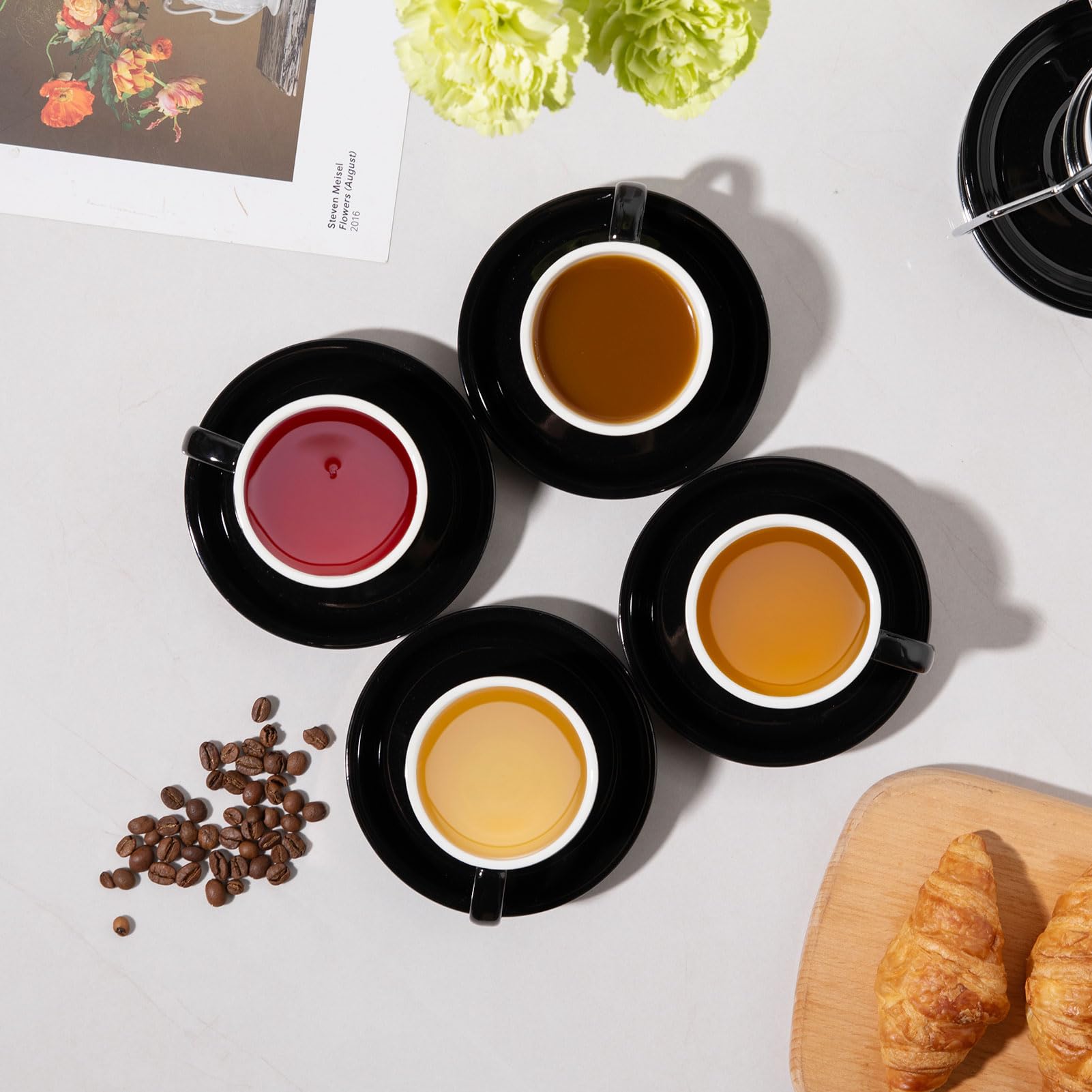 Sweejar Espressotassen aus Keramik, 6er-Set, Espressotasse stapelbar, 118 ml, stapelbare Cappuccinotassen mit Untertassen und Metallständer für Kaffeegetränke, Americano, Latte, Tee (Schwarz)