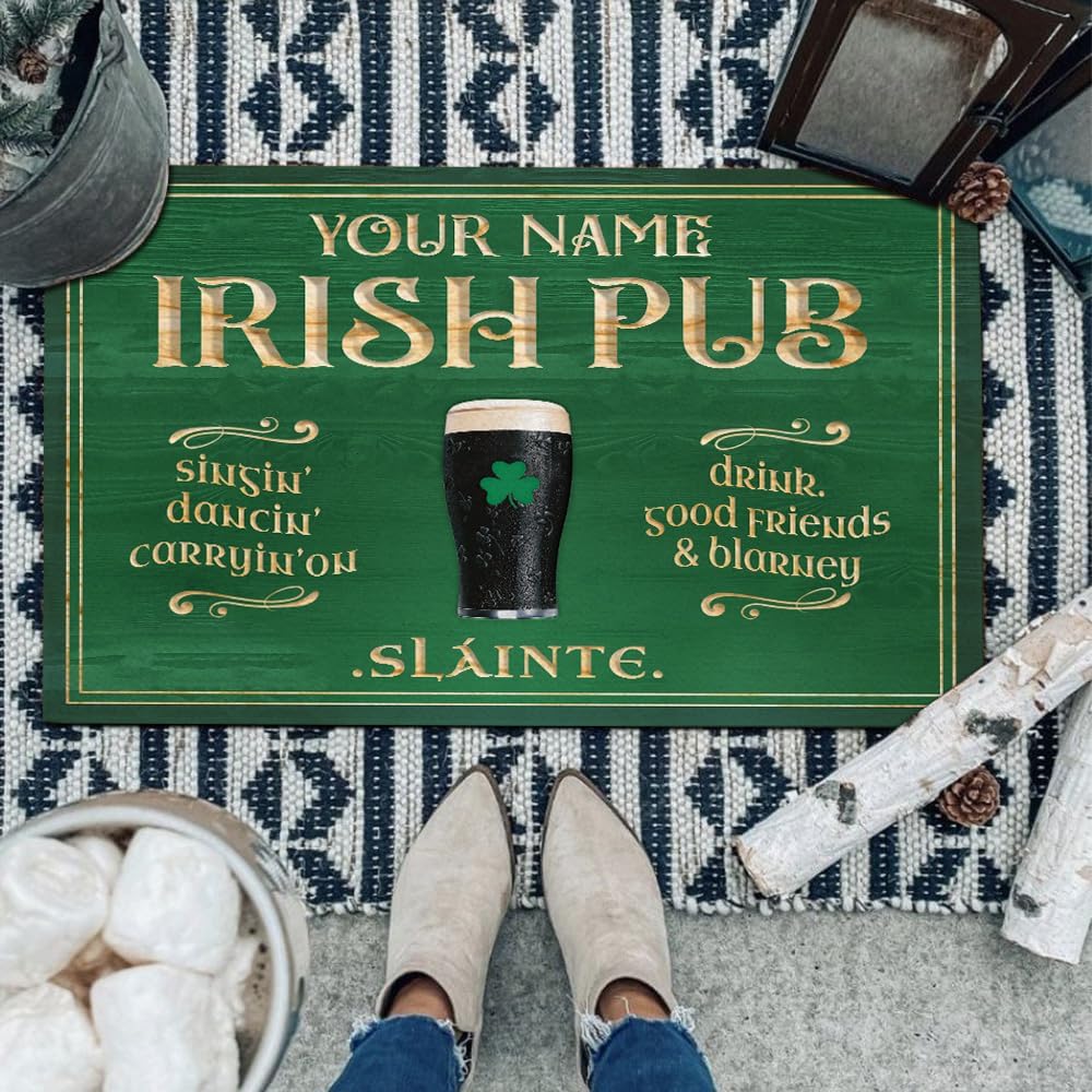 Artsy Woodsy Personalized Irish Pub Doormat, St Patrick's Day Decor Drying Rubber Non Slip Coffee Bar Accessories, Door Mat Indoor Entrance Home Pub, Floor Mat, Welcome Mat Outdoor, Custom Gifts (01)