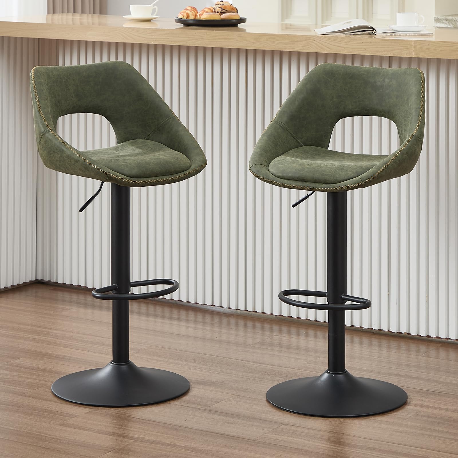 Ya-Home Bar Stools Set of 2 PU Adjustable Swivel Breakfast Counter Chairs with Backrest for Home Kitchen Island/Bar, Green