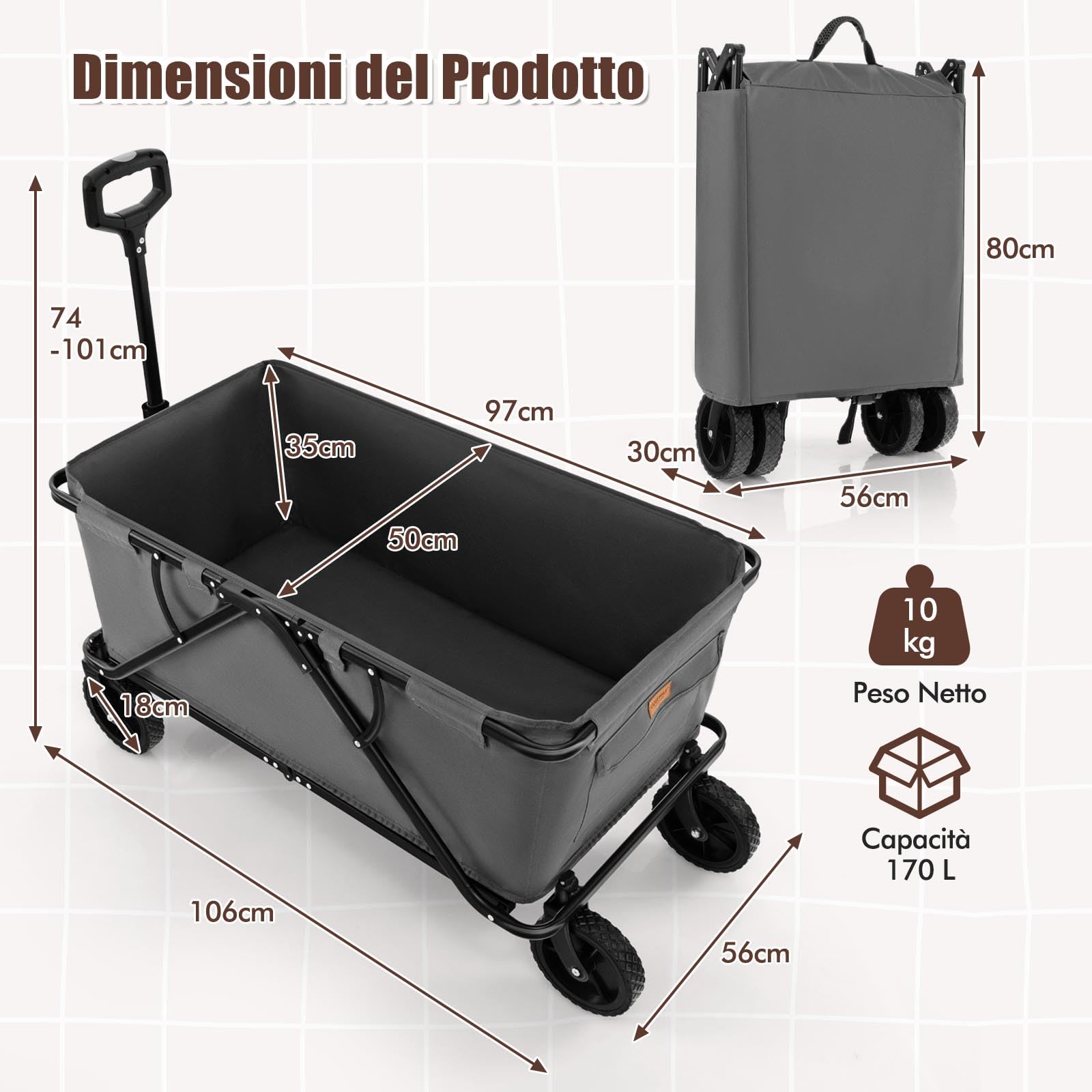 COSTWAY Carrello da Spiaggia Pieghevole 170 L, Carrello con Ruote Portatutto con Maniglia Regolabile e 360° Ruote, Portabottiglie e Tasca Portaoggetti, Carretto Giardino per Campeggio (Grigio)