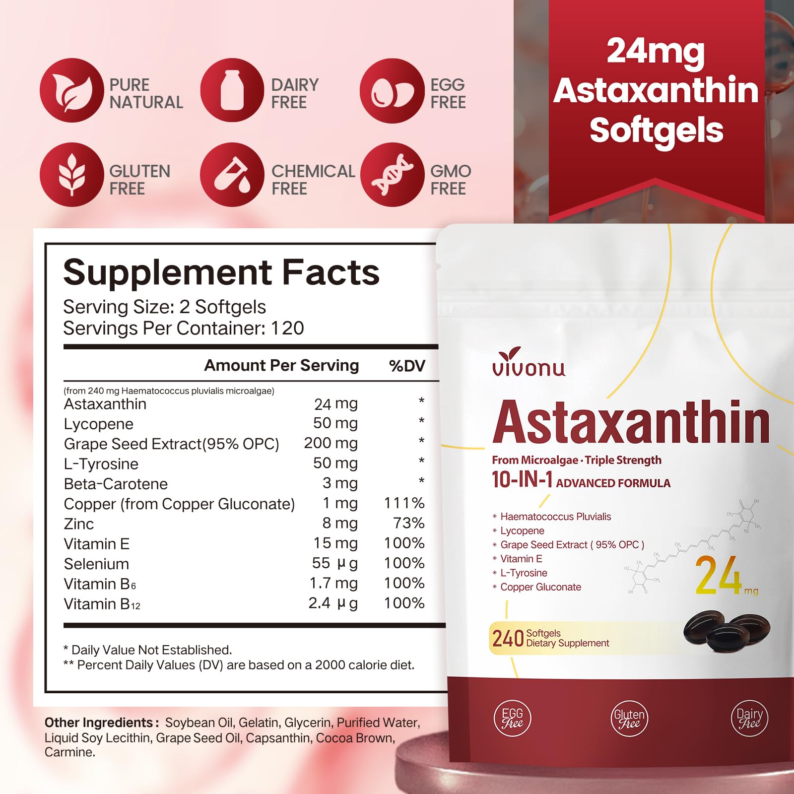 10 in 1 Astaxanthin Supplements 24mg, 4 Month Supply, Astaxantina Antioxidant from Fresh Haematococcus Pluvialis, Contains Lycopene, Grape Seed, Vitamin E, & More Supports Eye, Joints, Skin Health