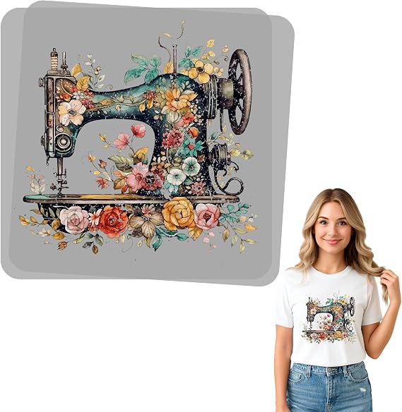 Vintage Sewing Machine Floral Heat Transfer | Iron-On Graphic for DIY Apparel | Ready-to-Press DTF Decal for Crafters