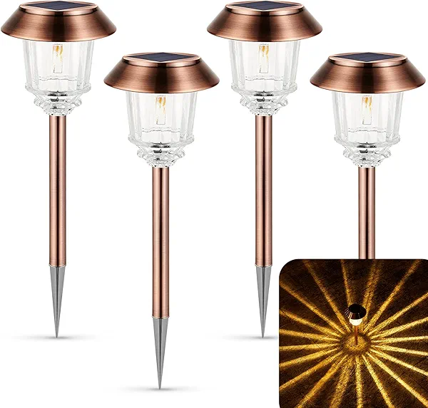 XMCOSY+ Solar Lights Outdoor Waterproof, 4 Pack Solar Lights for Outside, 10-40 LM Dimmable LED Glass Outdoor Solar Lights for Yard Pathway Garden Lawn Driveway Walkway (Warm White) Copper 4