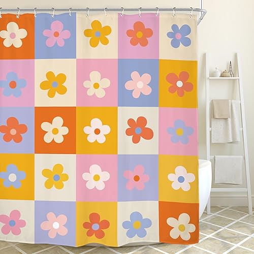 Miniatura 5 de Miyotaa 70s Groovy Funky - Juego de cortina de ducha de 60 pulgadas de ancho x 71 pulgadas de alto, colorido, retro, a cuadros, moderno, pastel,