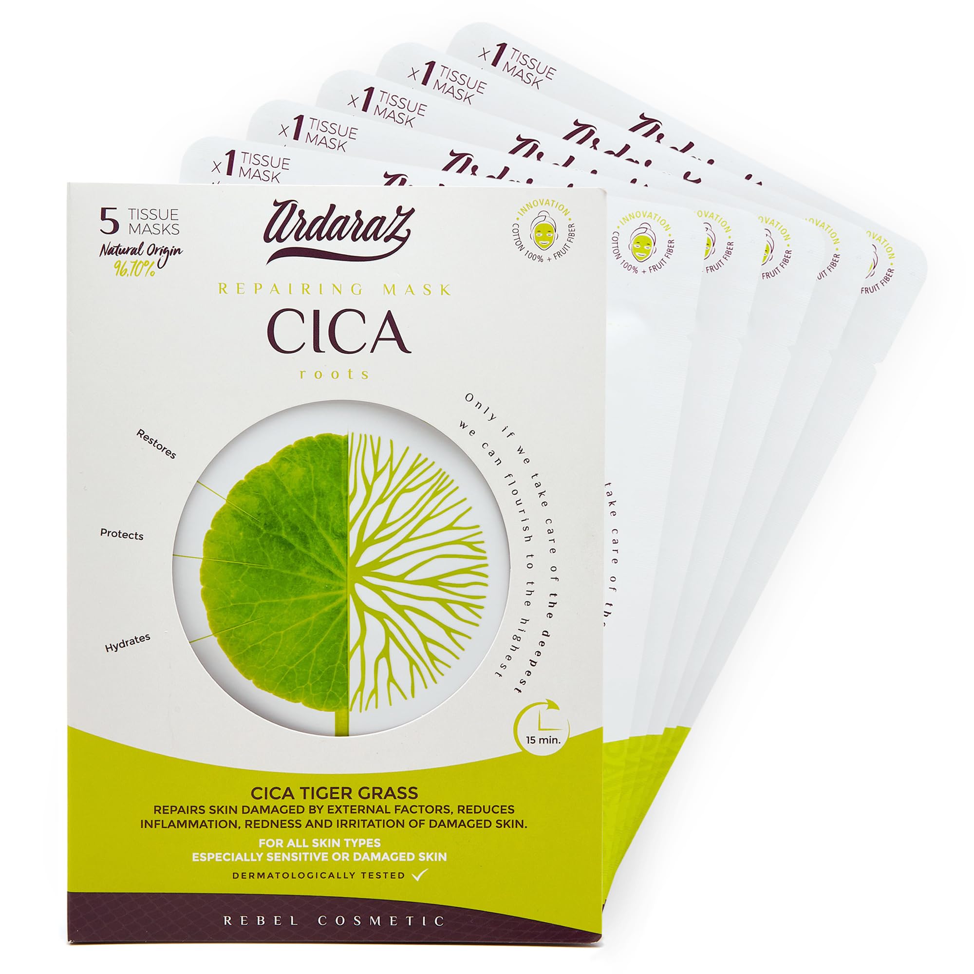 Ardaraz Mascarilla Facial Hidratante Reparadora con Concentrado de Cica y Acido Hialurónico. Mascarillas para la cara con Potente acción Hidratante y Antiarrugas. Pack de 5