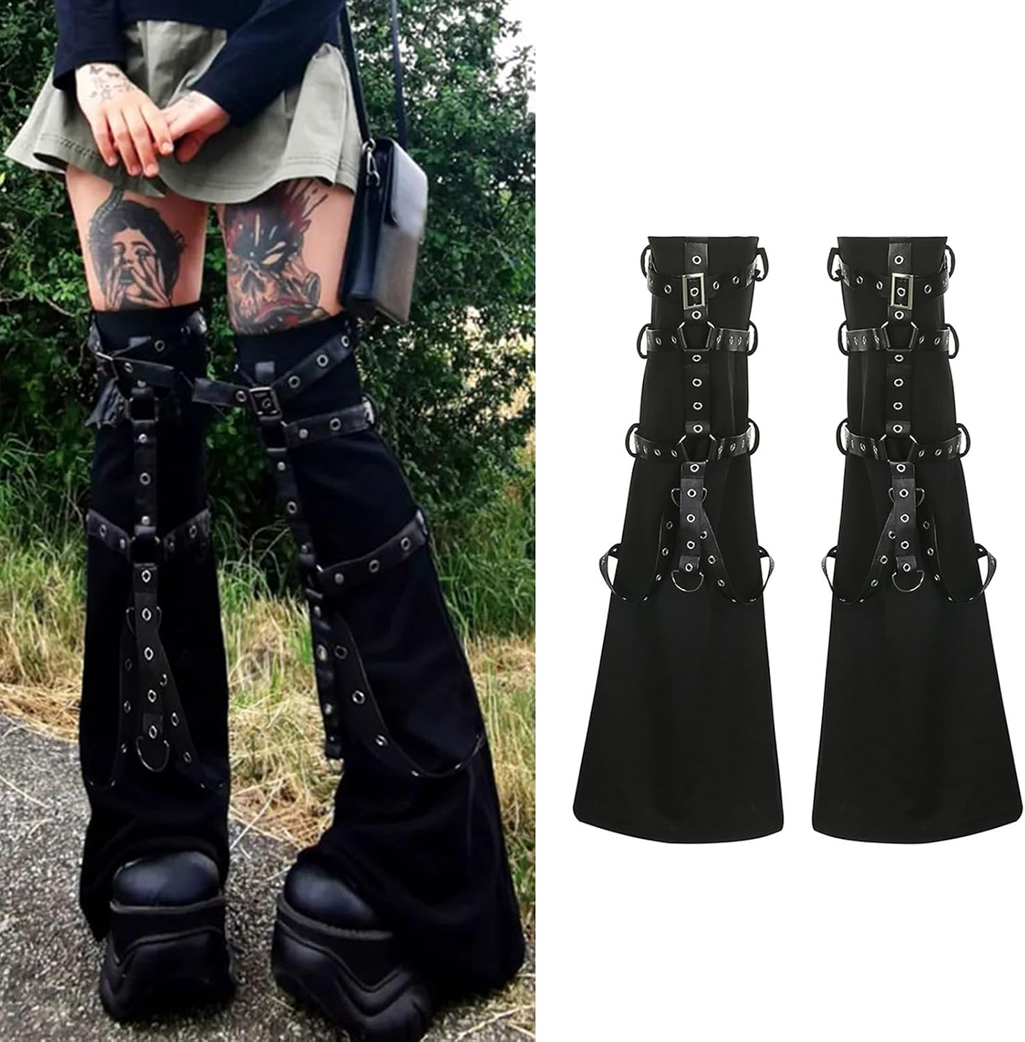 Women Metal Buckled Eyelets Straps Black Leg Sleeves Cover Japanese Punk Leg Warmer Flared Long Sock Stockings Women Fl