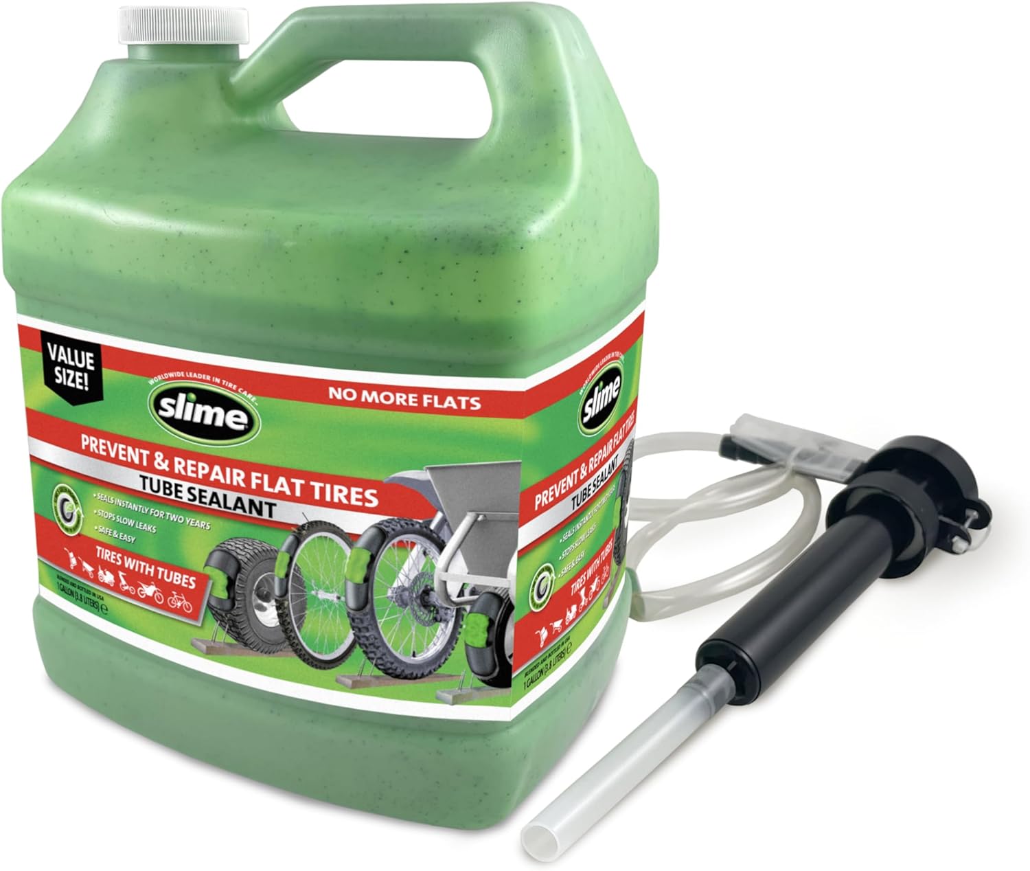 Slime 10204 Bike Tube Puncture Repair Sealant with Pump, Prevent and Repair, Suitable for All Bicycles, 1 Gallon Bottle