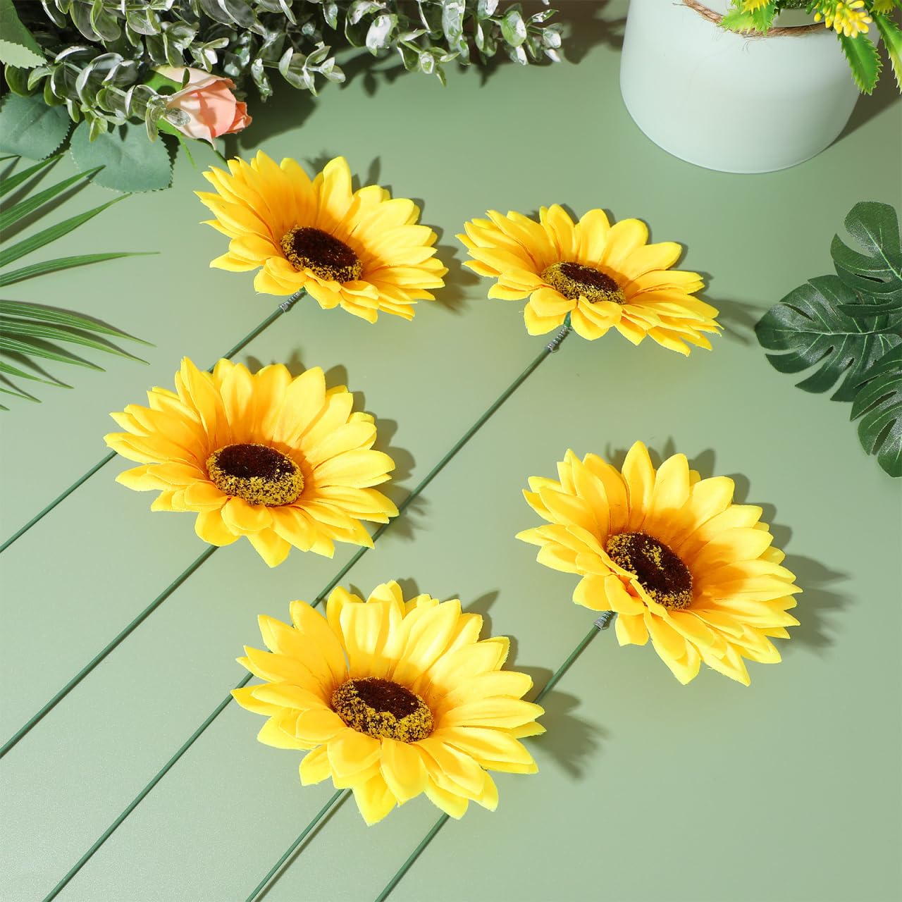 TOPBATHY Lot de 5 panneaux de tournesol en métal pour décoration de jardin en tissu de soie et piquets de pelouse