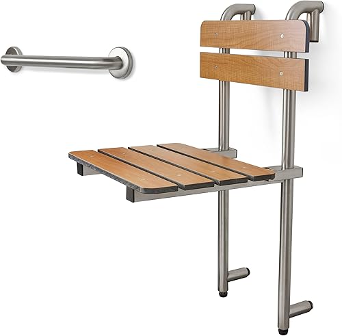 Miniatura 9 de Seachrome Asiento de ducha portátil, banco de perfil, colgado por barra de agarre con respaldo y patas, teca (Modelo SSGBH-180160-PT)