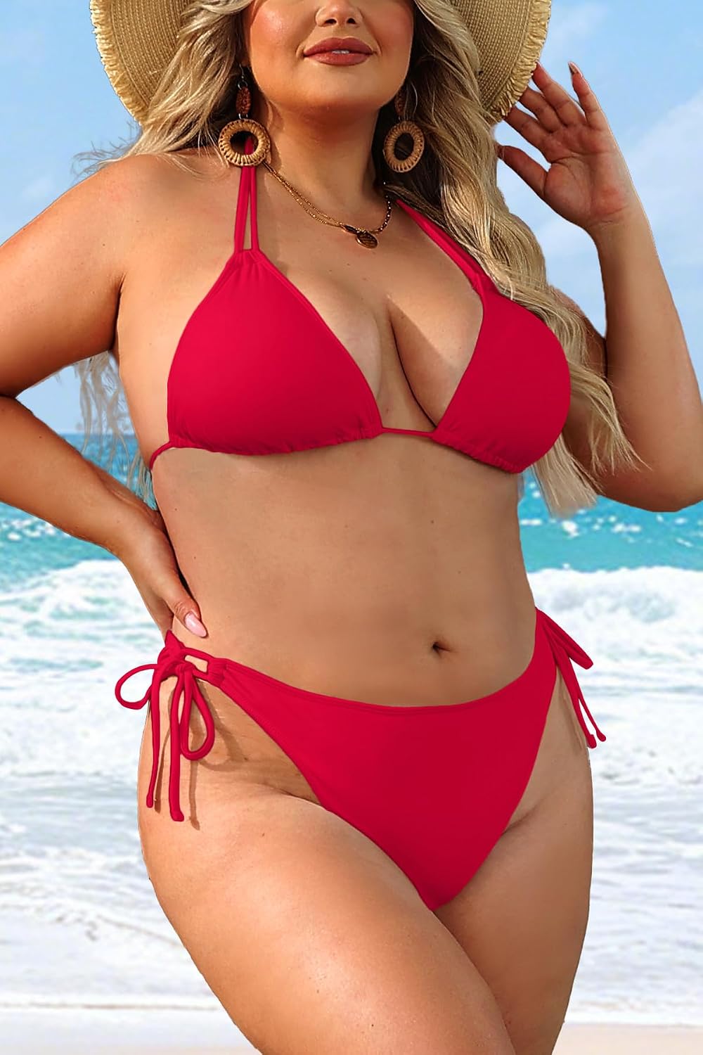 Daci Women Plus Size Triangle Bikini Sets Two Piece Double Straps Halter Swimsuit Side Tie String Sexy Bathing Suits