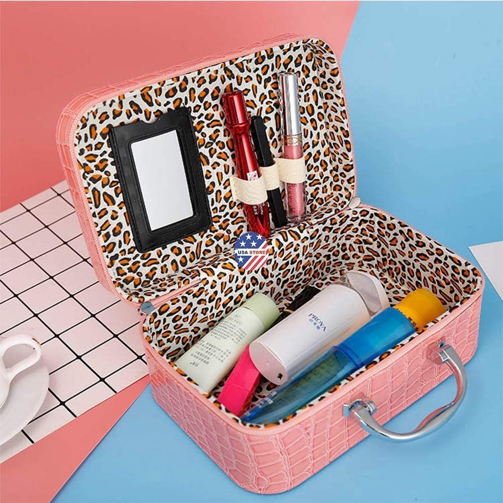 Addax Mart Makeup Cosmetic Jewellery Toiletry Organizer Box Square Solid Handbag Mirror Cosmetics Storage Makeup Bags (Pink)