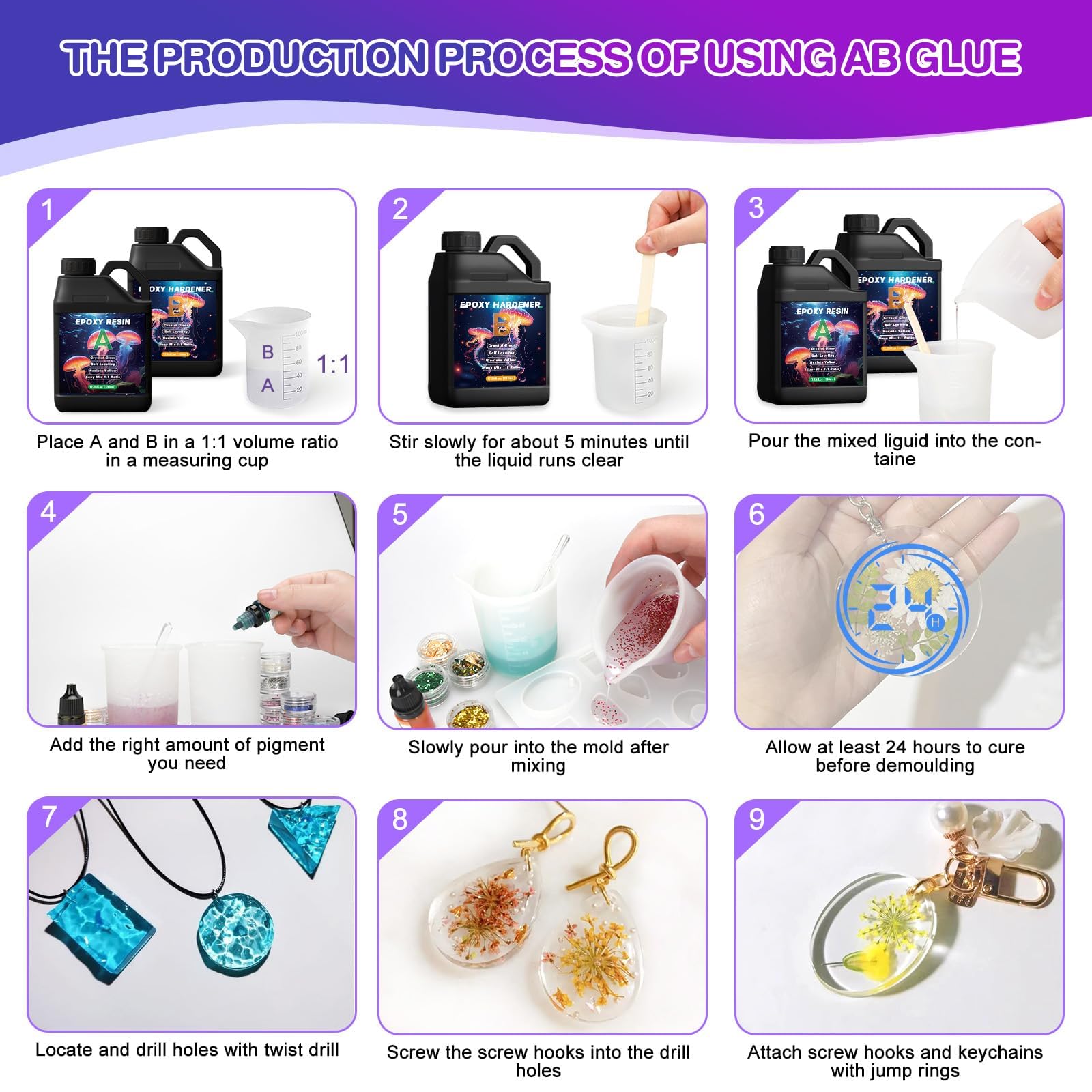 UCAMP 1020ml Resina Epoxi Transparente,1:1 Kit Resina Epoxi con Pigmento,Resina Epoxi Manualidades,Resina Epoxi Kit con pintura,purpurina,hoja de oro, Epoxy Resin para Hacer Llavero, Joyas