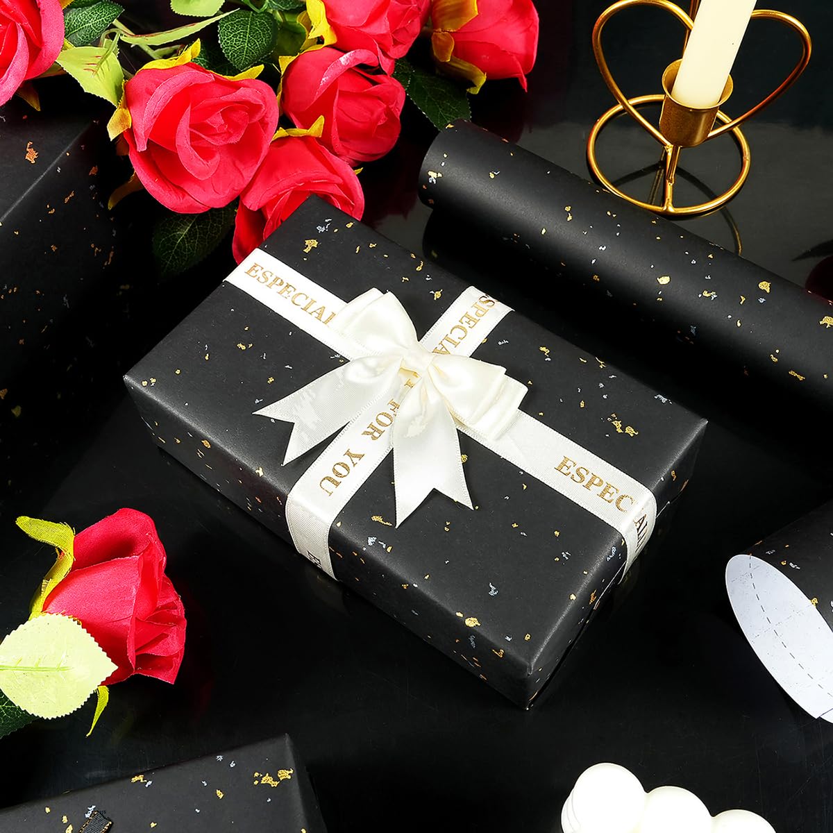 Schwarze Geschenkpapierrolle, 43,2 cm × 90 m, schwarzes und goldenes Folien-Geschenkpapier, mattes Kraftpapier mit Silber- und Goldfolienflocken, Geschenkpapier für Geburtstag, Hochzeit, Weihnachten,