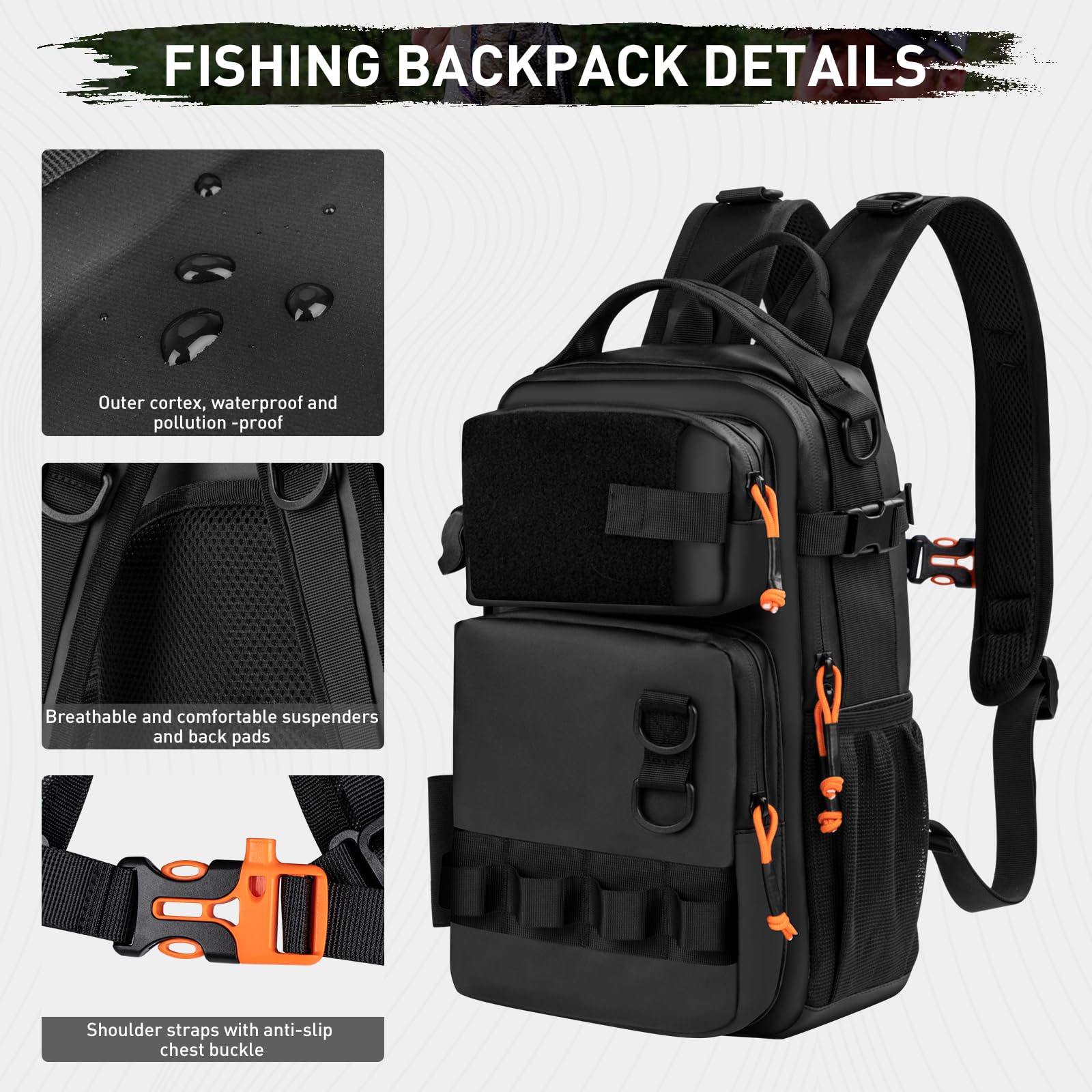 THKFISH Zaino da pesca con porta canna, kit di attrezzi da pesca, borsa impermeabile con kit di esche da pesca, scatola per attrezzatura da pesca e set di pinze, per uomini e donne (nero, 87 pezzi)