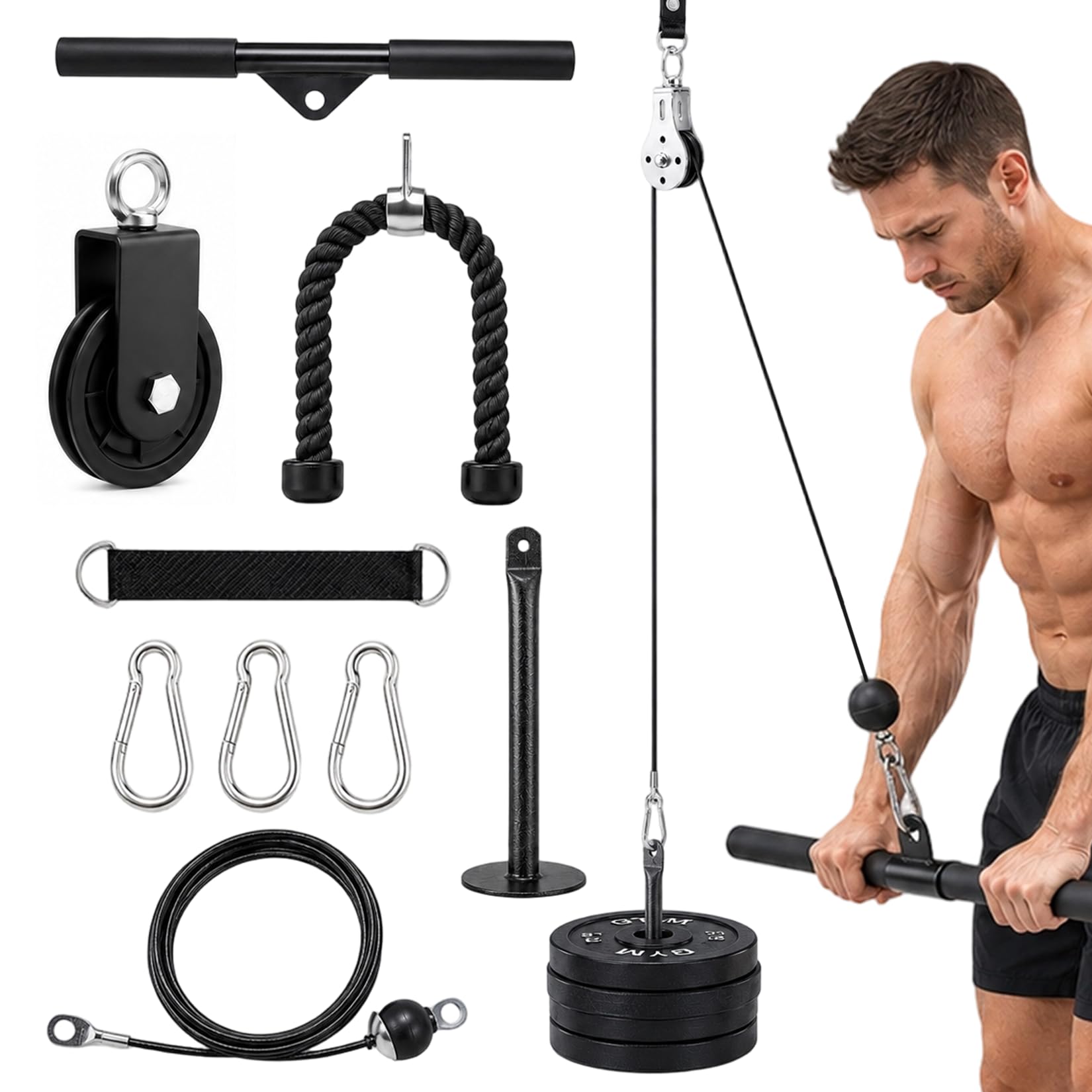 Idota Trazione con cavo per fitness, con corda per tricipiti e barra dritta, sistema di puleggia per trazioni, bicipiti e tricipiti