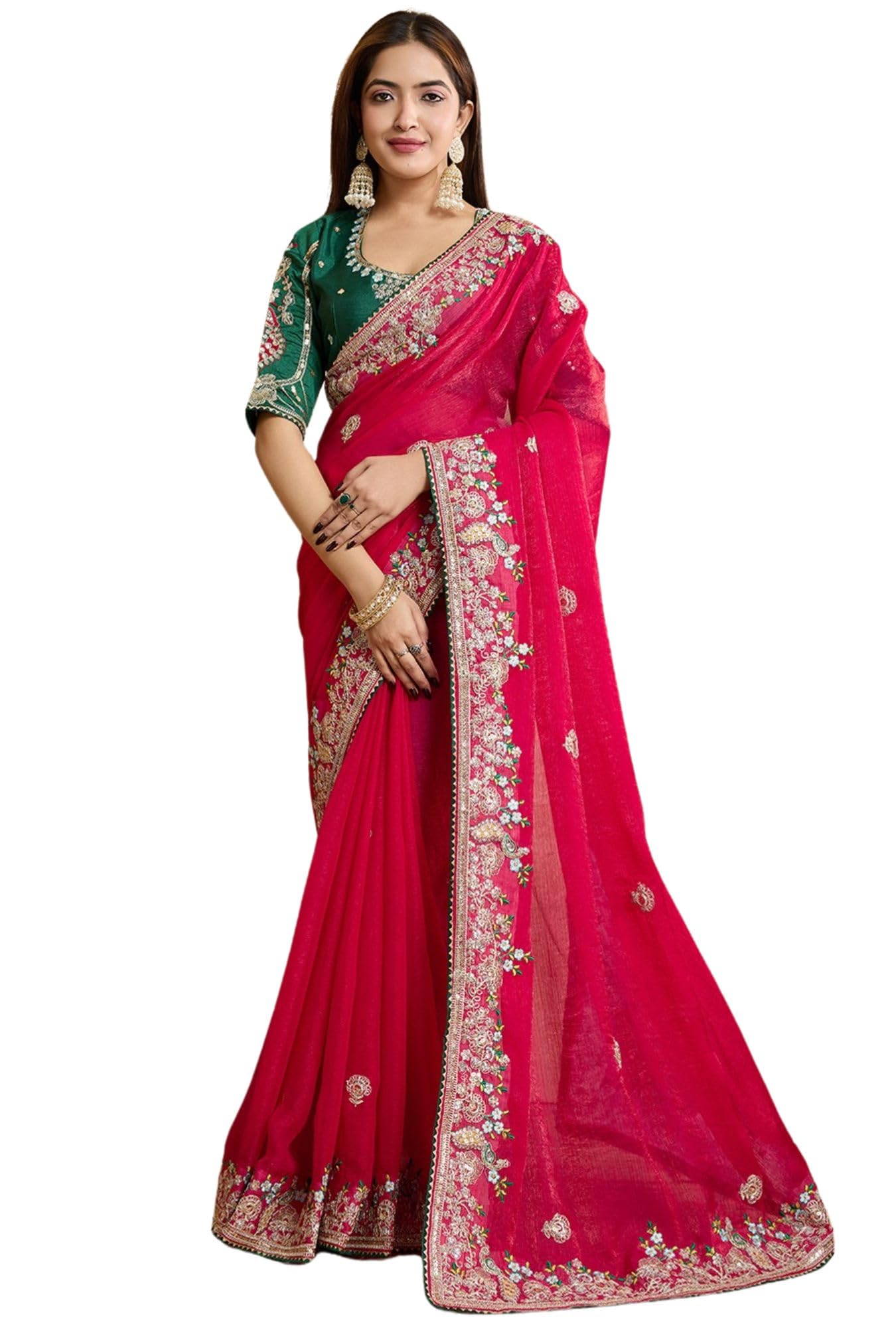 SGF11 Women's Fendy Chiffon Silk Embroidery Work Saree With Blouse Piece
