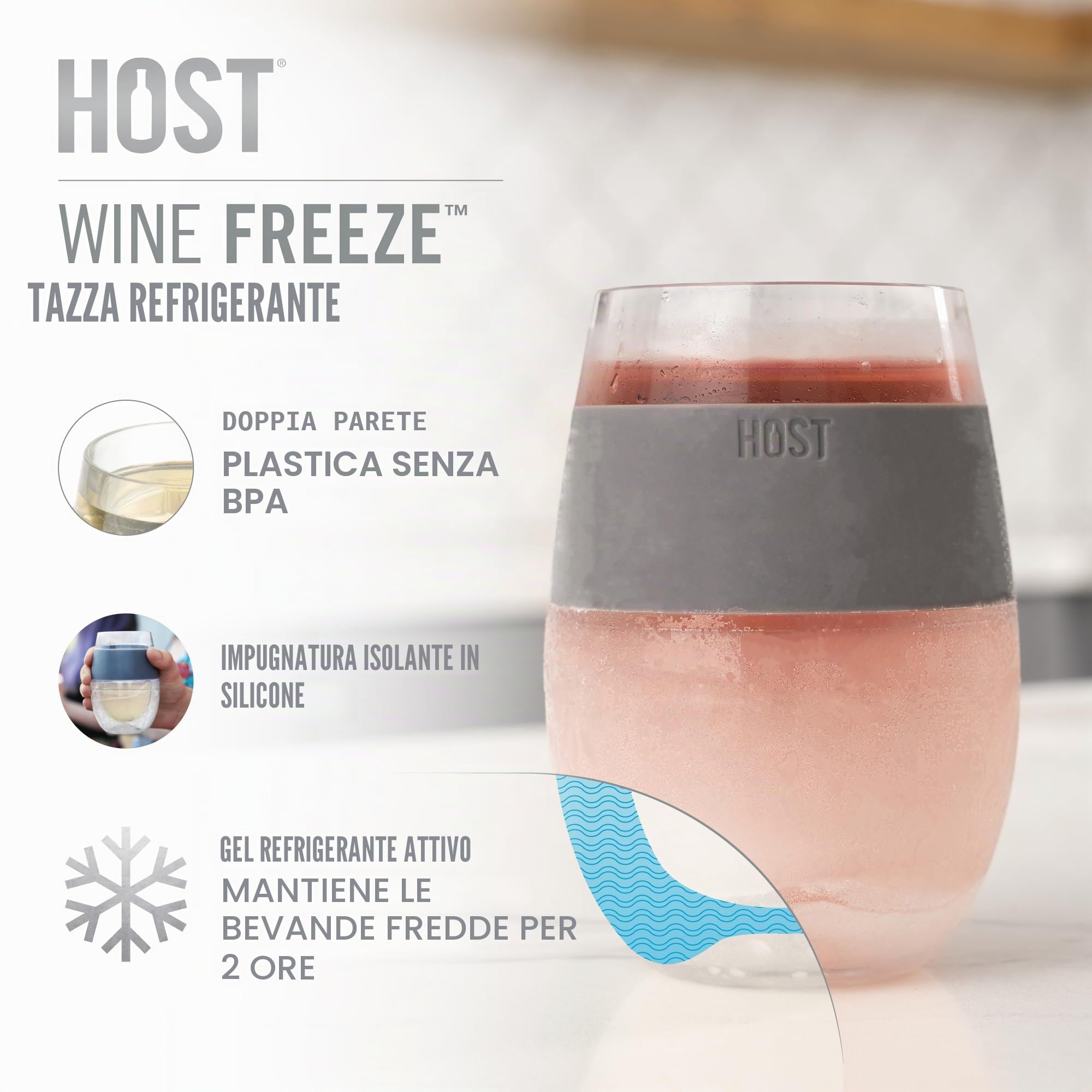 Host Freeze [5168] Bicchiere Refrigerante di Plastica Freeze per Vino Rosso e Bianco, Con Isolamento e Gel Refrigerante 250ml Colori Assortiti Set di 4 Unità