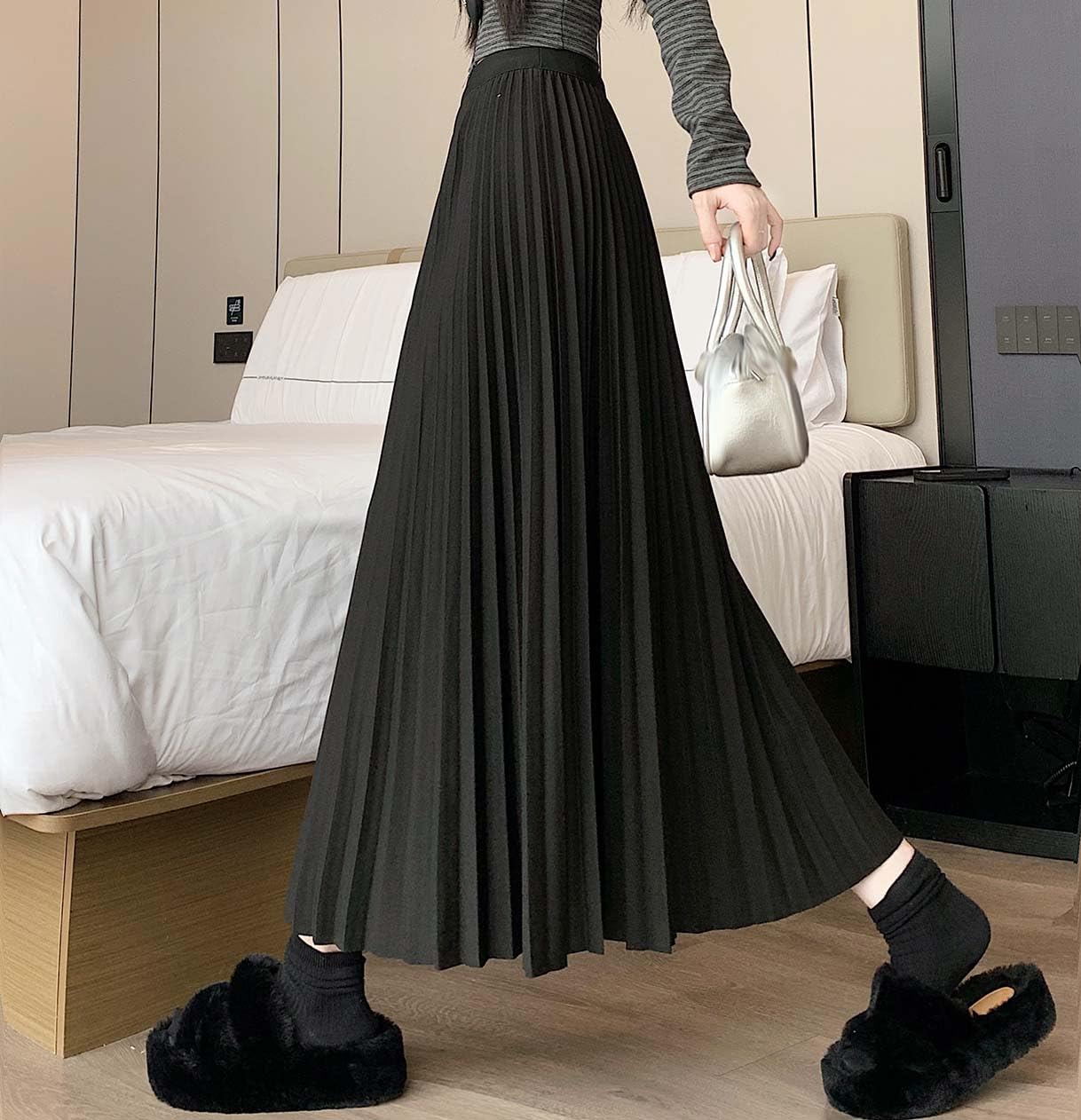 Maxi gonna a pieghe da donna autunno inverno a vita alta elastica A-Line gonne lunghe per le donne alla moda caviglia taglie forti