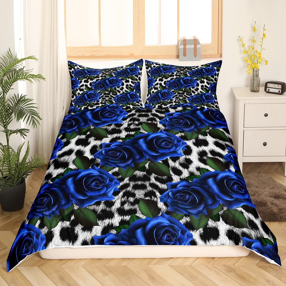Castle Fairy Leopard Fur Duvet Cover Set King Size,Blue Rose Flowers Print Comforter Cover with 2 Pillowcases,Floral and Wildlife Animal Bedding Set for Adult Young Bedroom Xman Gift - Image 2